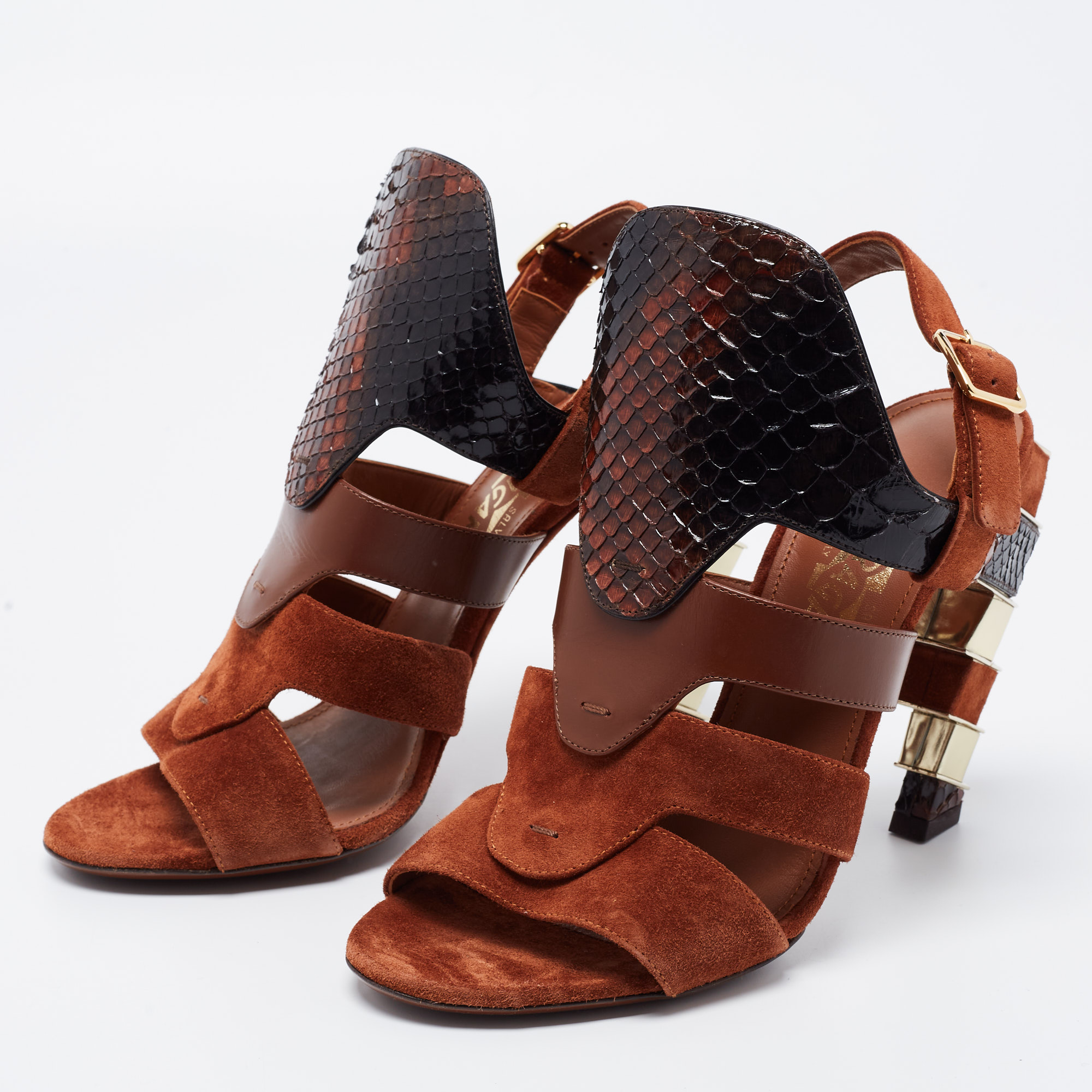 

Salvatore Ferragamo Tricolor Suede and Python Laos Strappy Sandals Size, Brown
