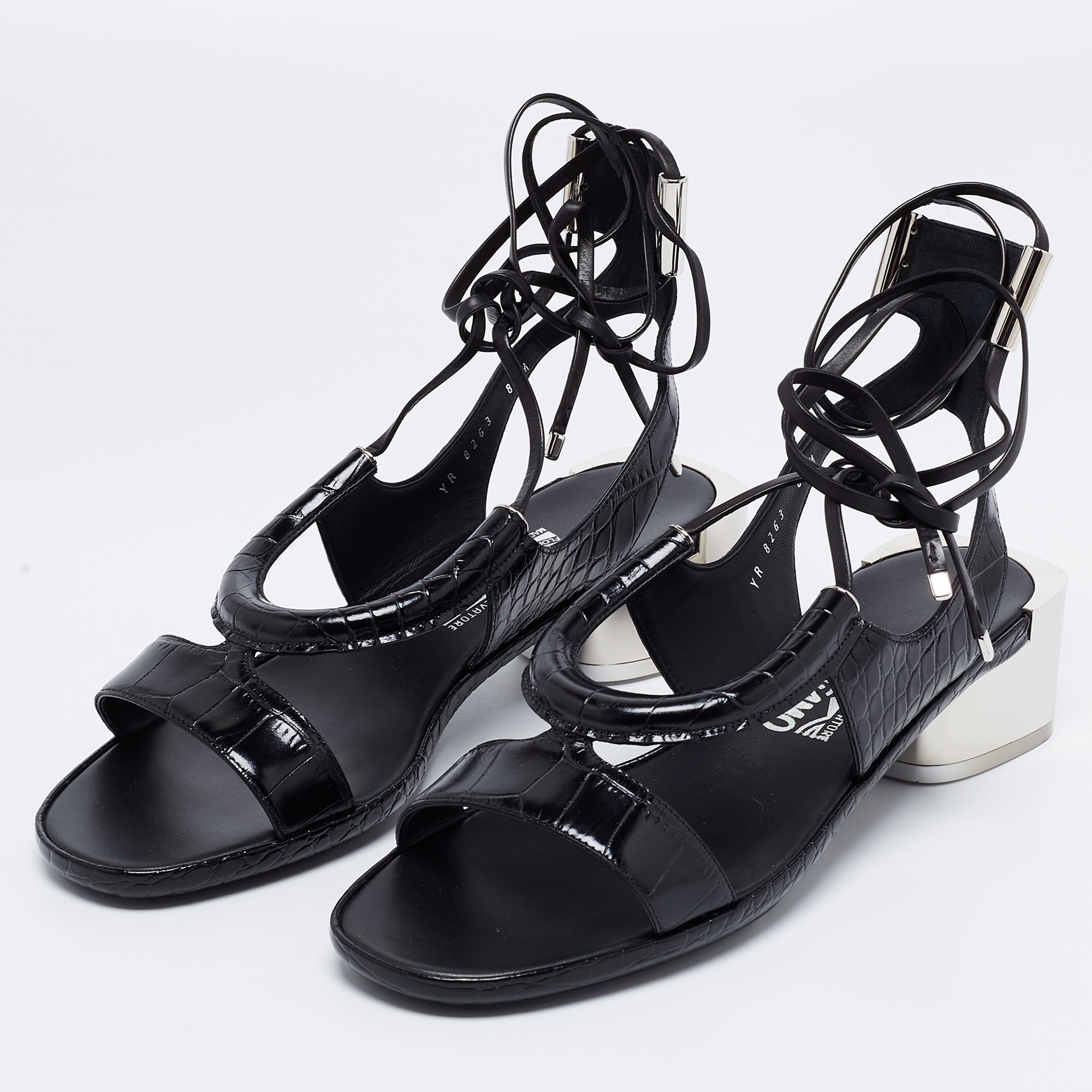 

Salvatore Ferragamo Black Croc Embossed Leather Glorja Ankle Tie Sandals Size