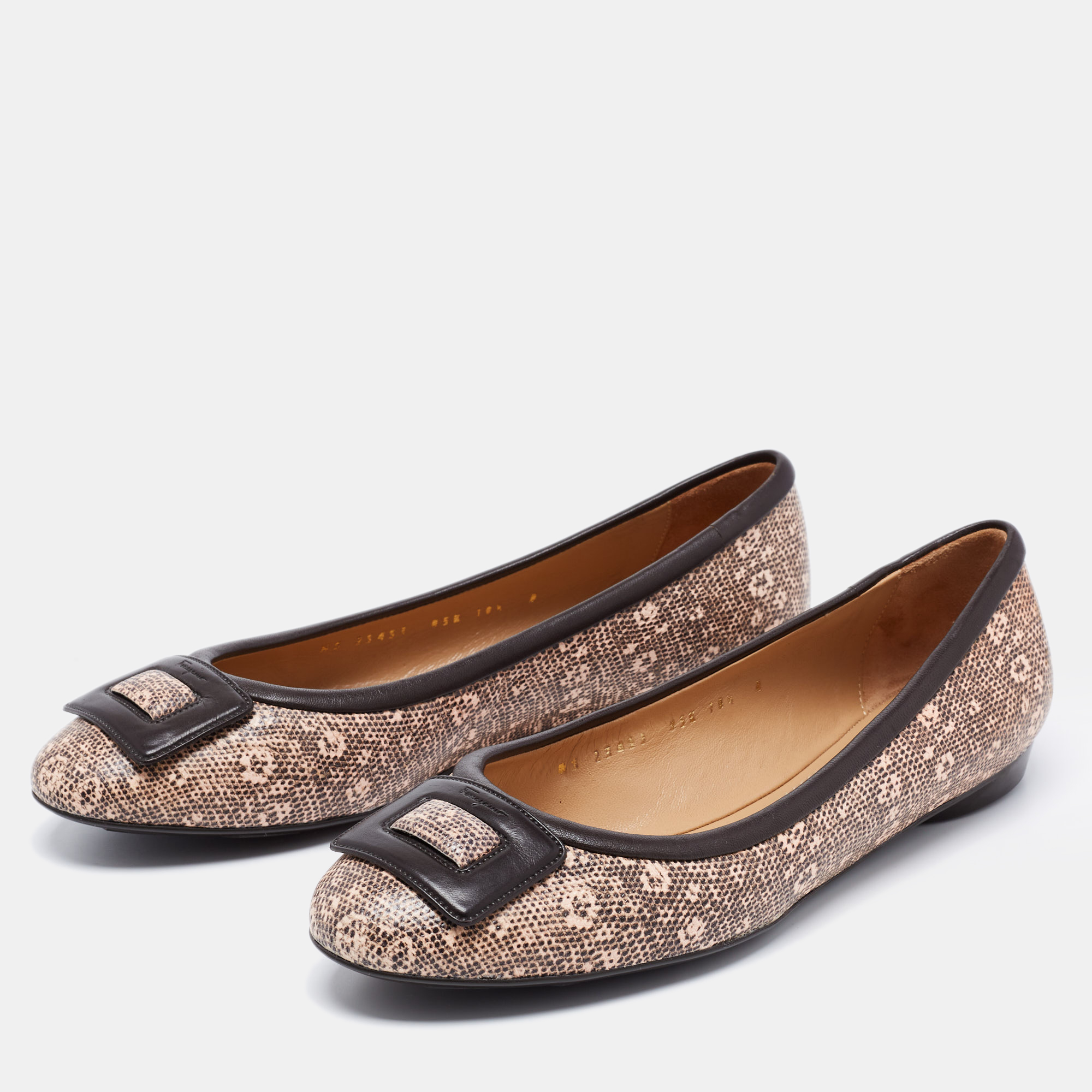 

Salvatore Ferragamo Brown/Pink Printed Textured Leather Ballet Flats Size