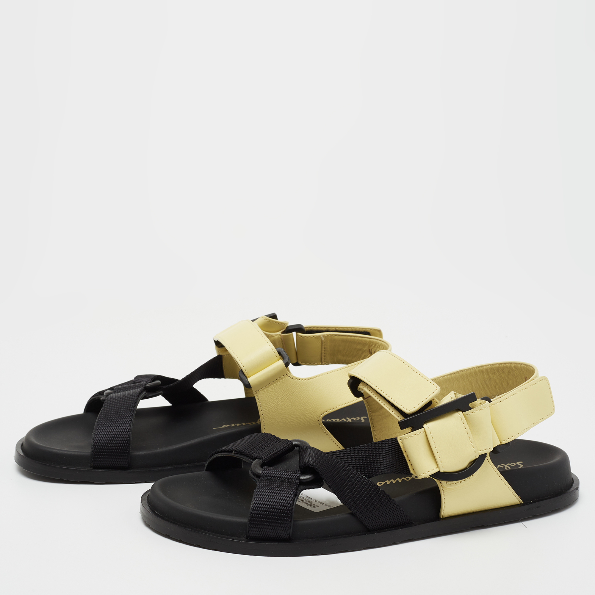 

Salvatore Ferragamo Black/Yellow Leather and Fabric Sandals Size