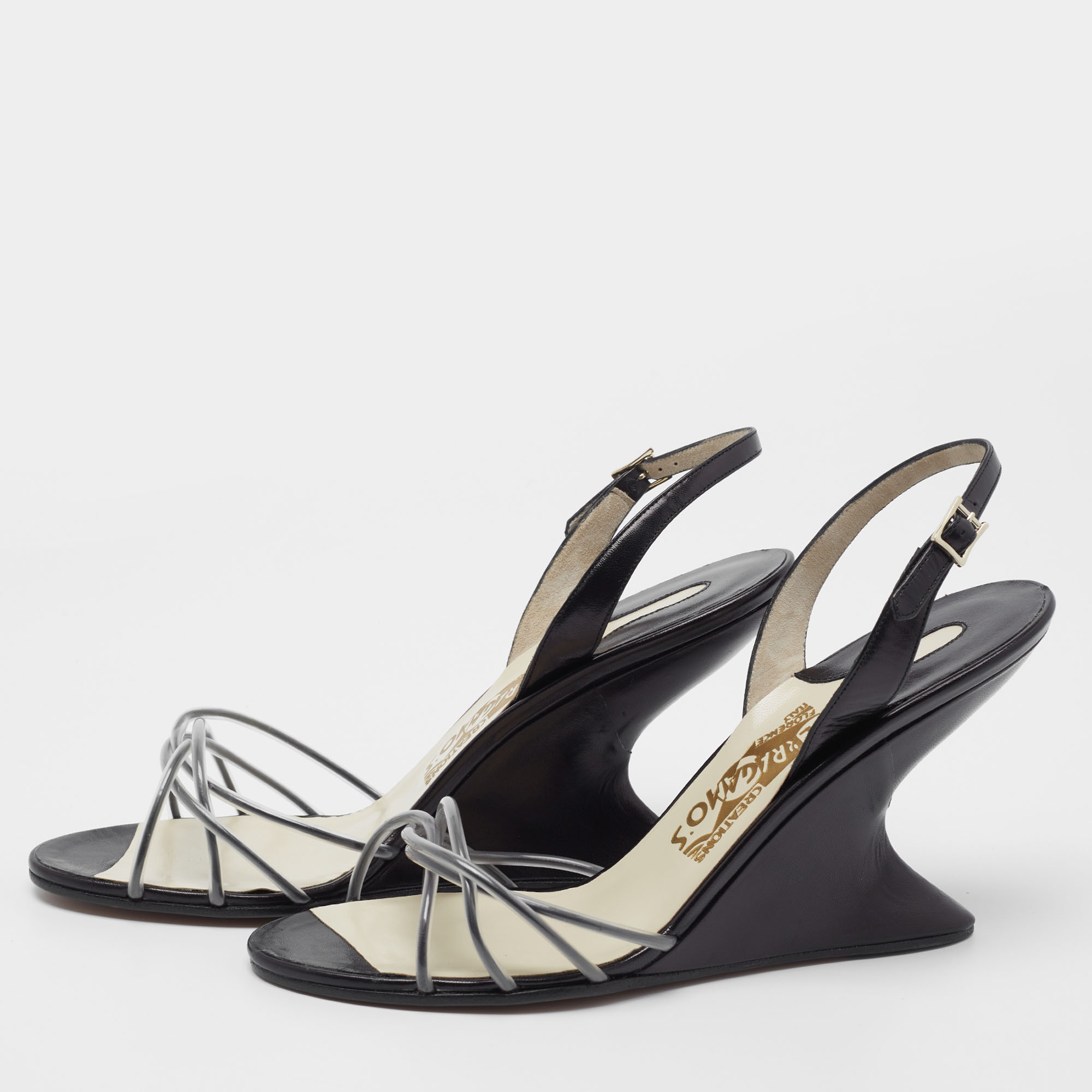 

Salvatore Ferragamo Black/White PVC and Leather Arsina Sandals Size