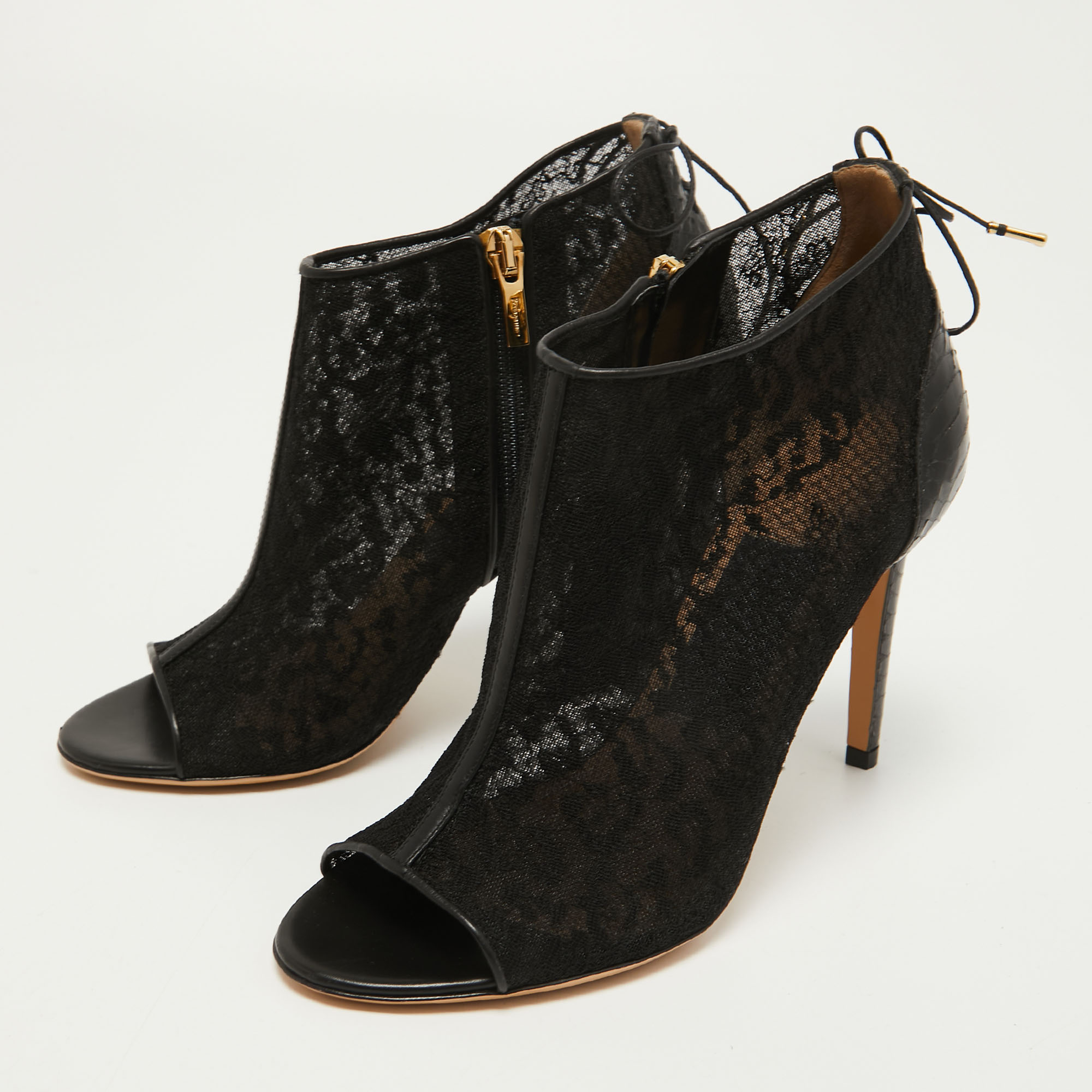 

Salvatore Ferragamo Black Lace and Python Peep Toe Ankle Booties Size