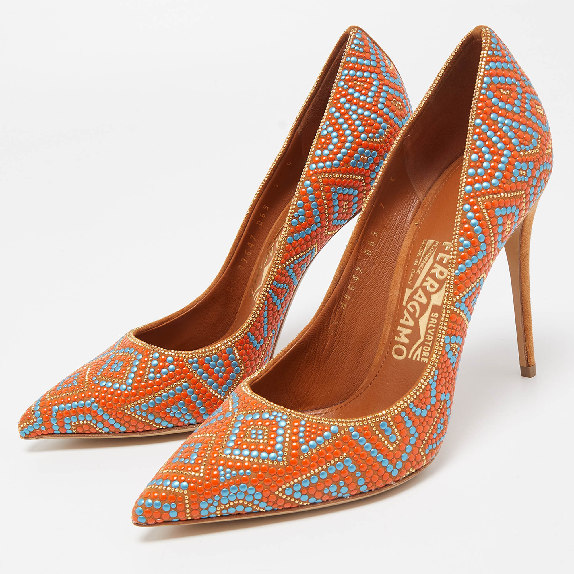 

Salvatore Ferragamo Multicolor Beaded Mosaic and Suede Fiore Pointed Toe Pumps Size, Brown