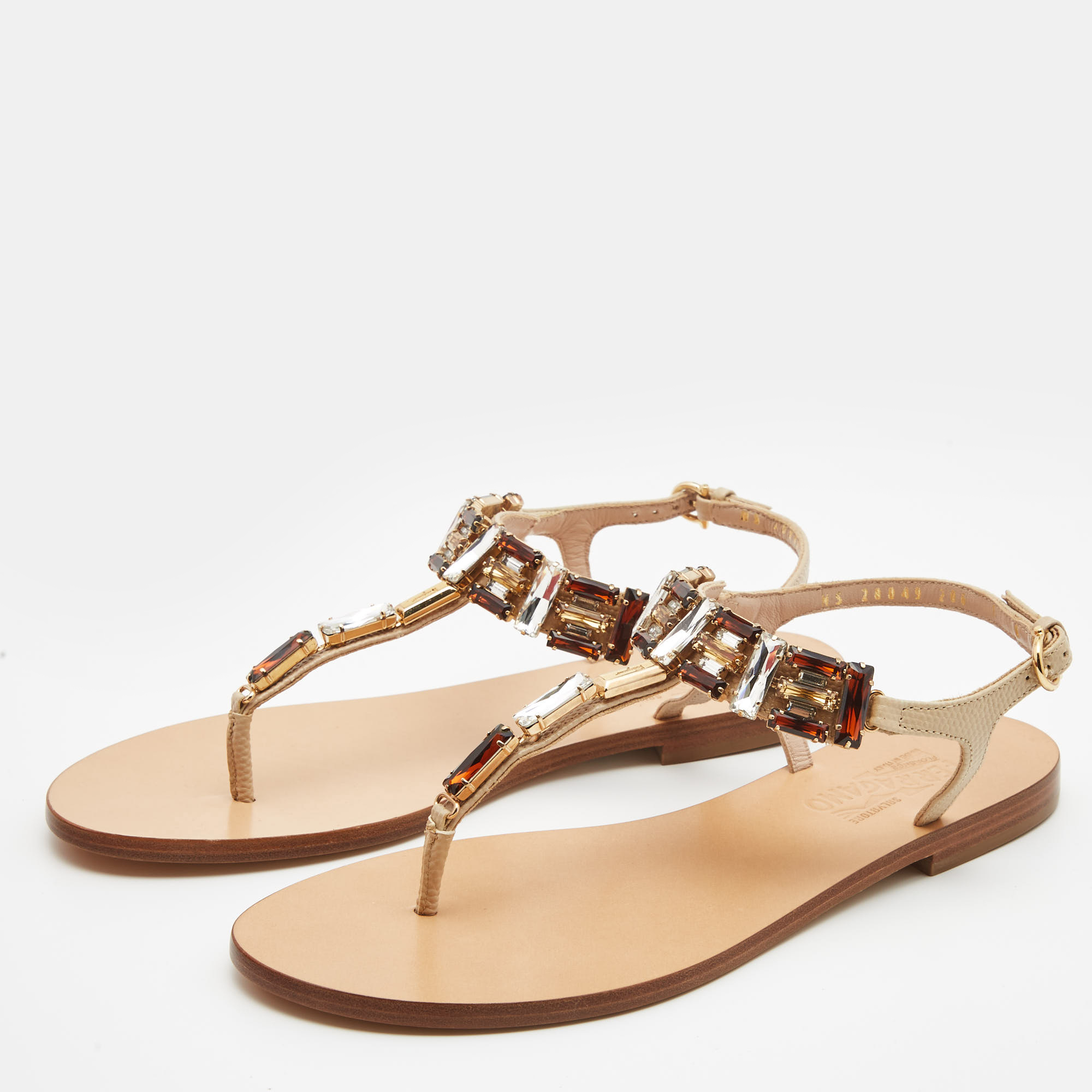 

Salvatore Ferragamo Beige Leather Embellished T Strap Sandals Size