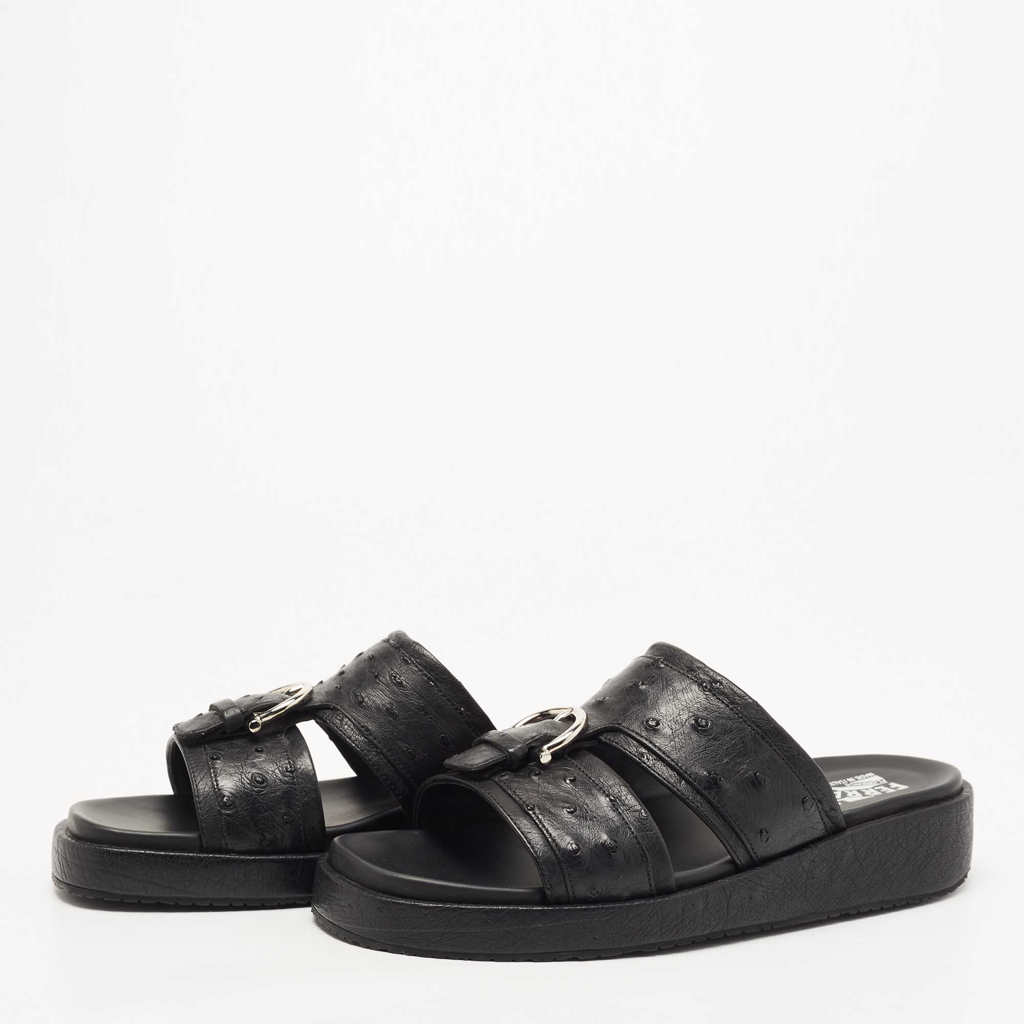 

Salvatore Ferragamo Black Ostrich Leather Flat Slides Size