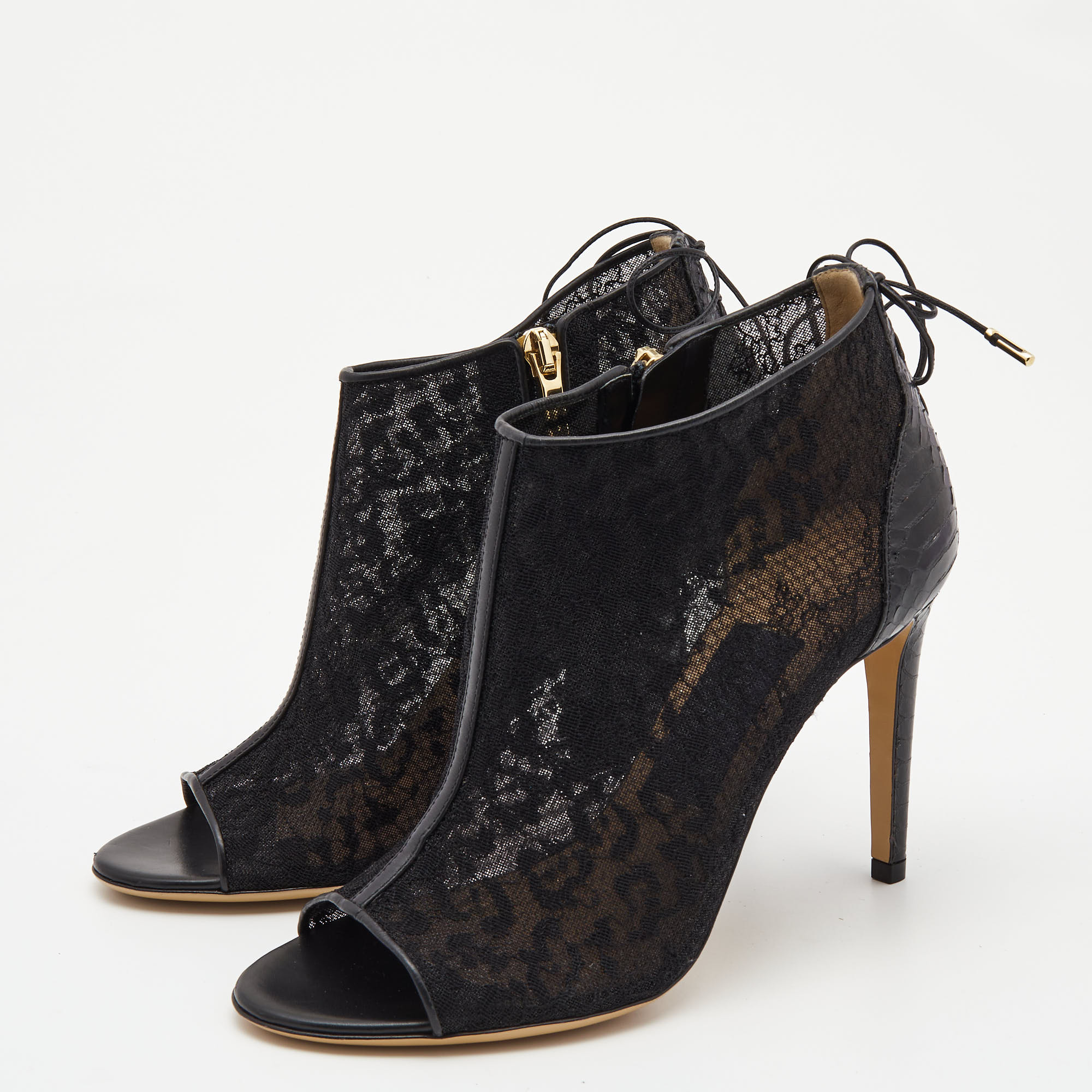 

Salvatore Ferragamo Black Lace and Watersnake Nufus Open Toe Ankle Booties Size