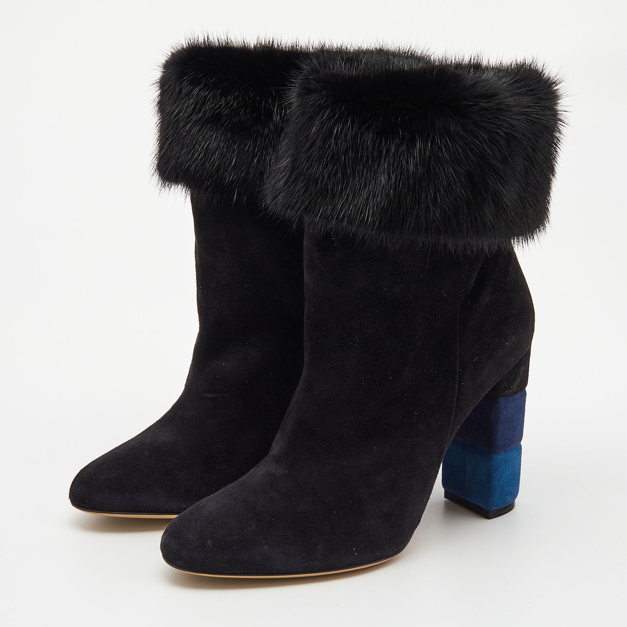 

Salvatore Ferragamo Black Suede and Fur Loris Ankle Boots Size