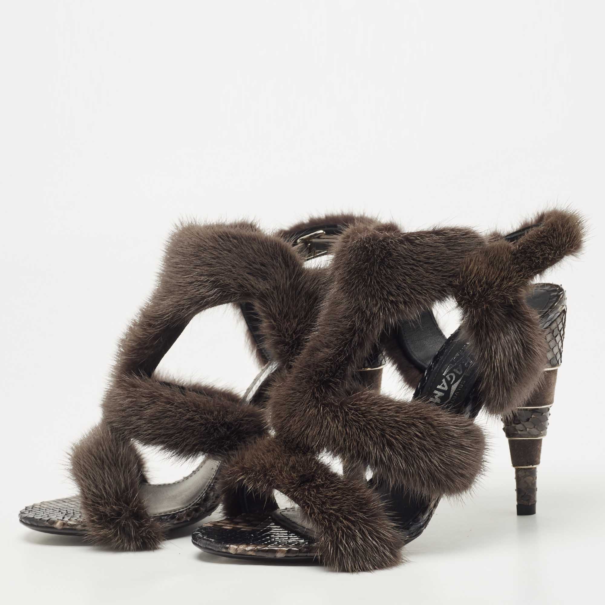 

Salvatore Ferragamo Grey Mink Fur and Snakeskin Larix Sandals Size