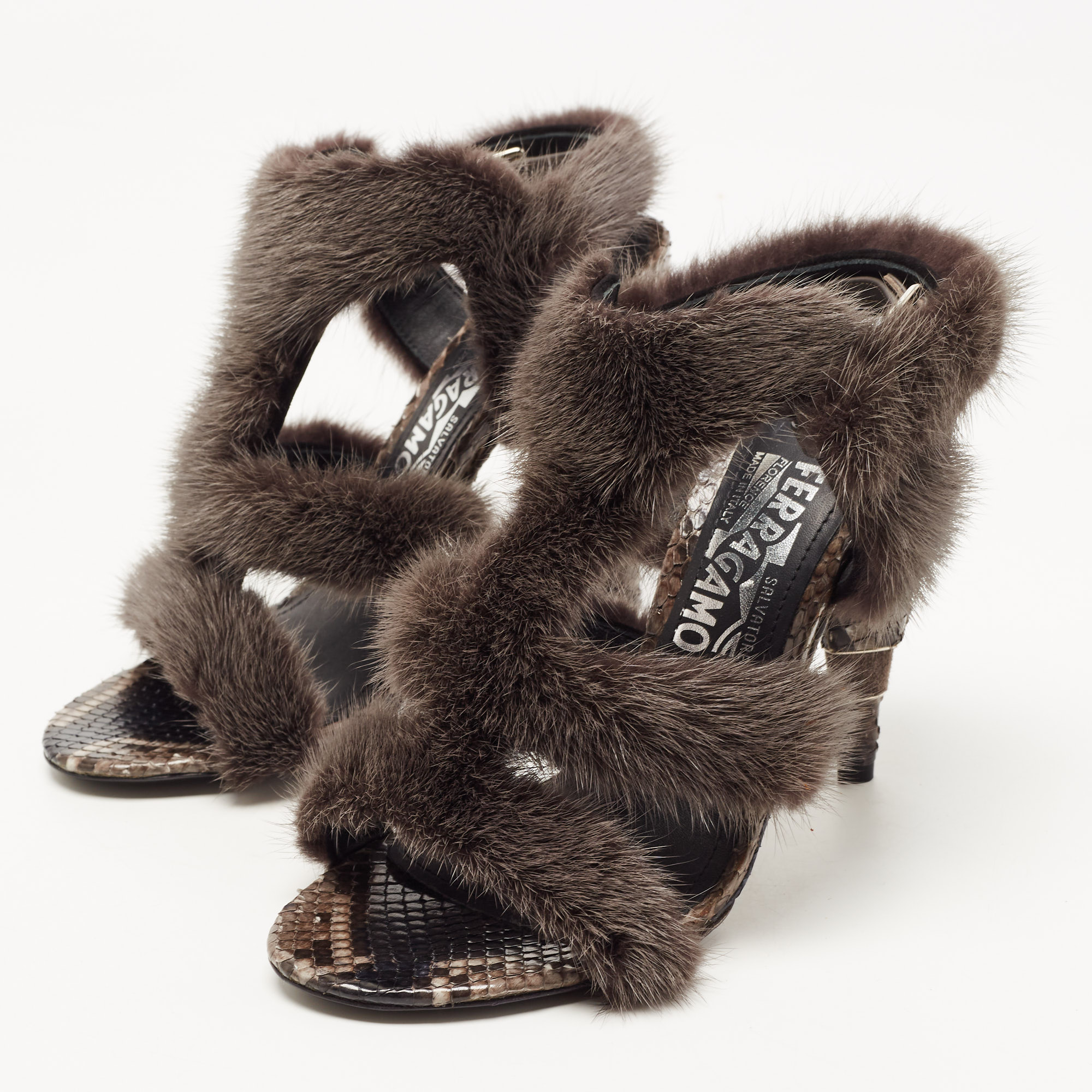 

Salvatore Ferragamo Dark Grey Mink Fur and Python Leather Cage Platform Sandals Size