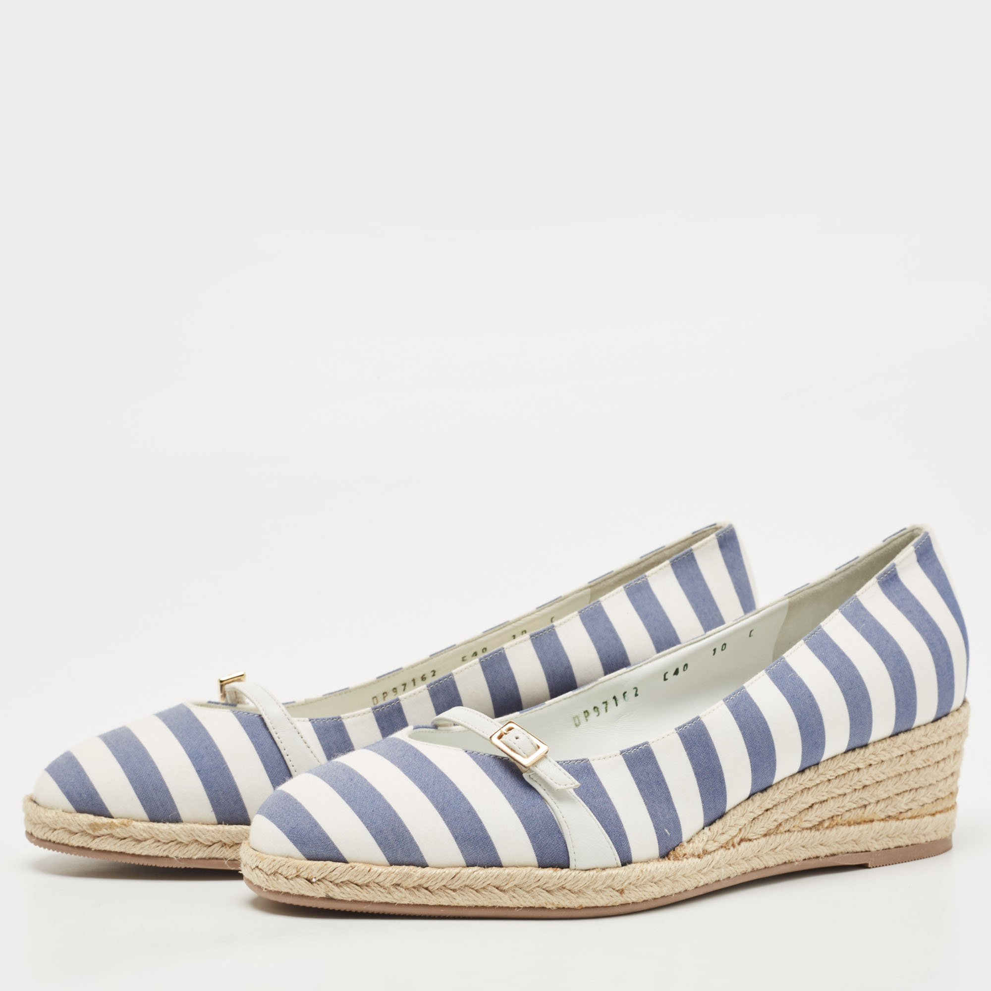 

Salvatore Ferragamo Blue/White Striped Fabric Audrey Wedge Espadrille Pumps Size