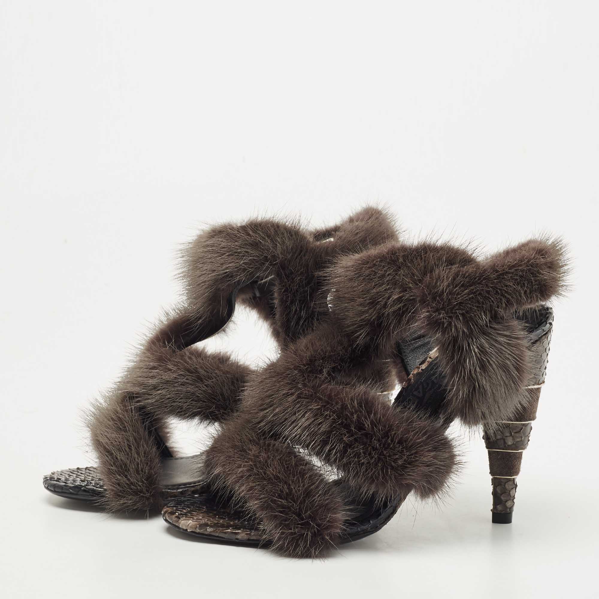 

Salvatore Ferragamo Dark Grey Mink Fur and Python Leather Cage Sandals Size