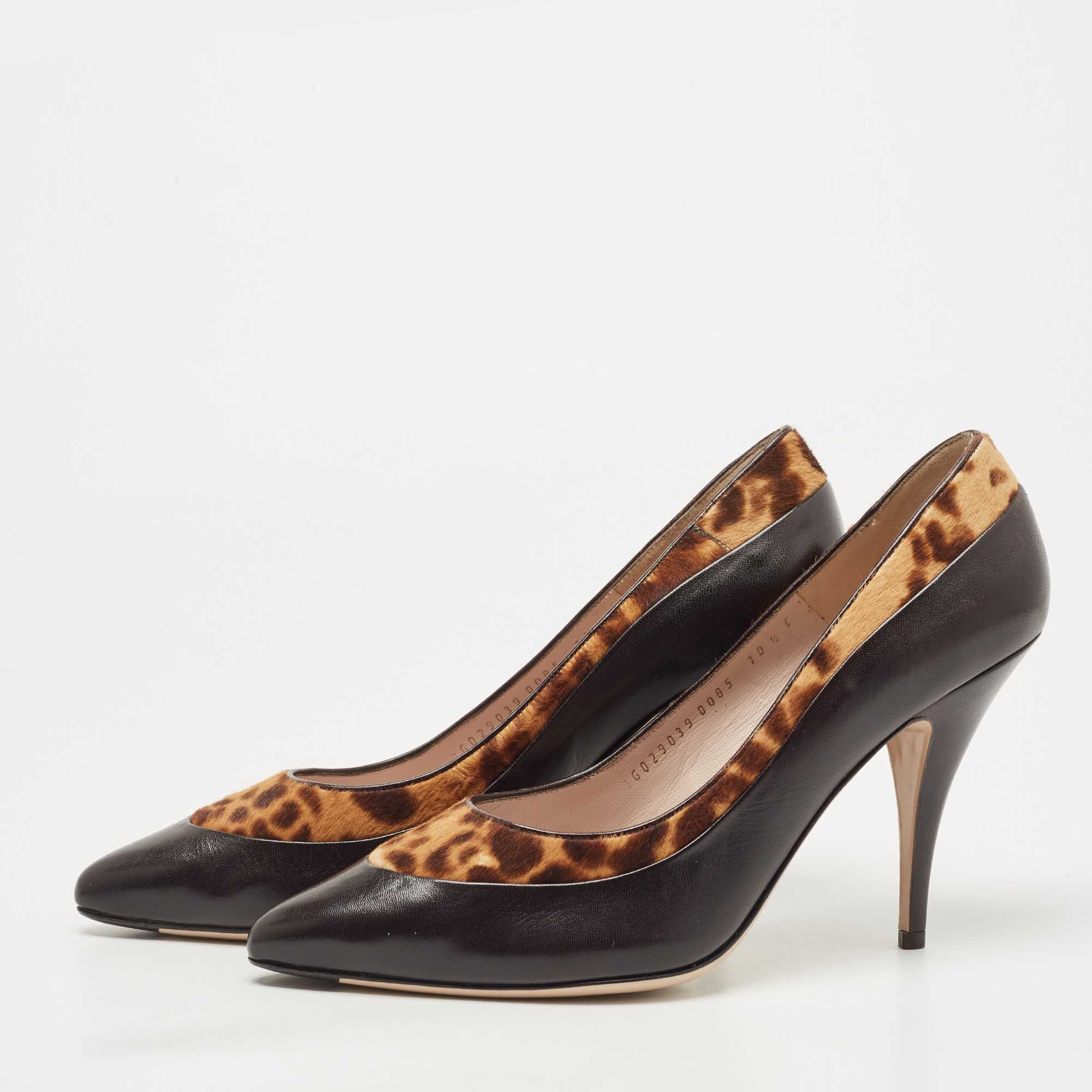 

Salvatore Ferragamo Black/Leopard Print Leather Pointed Toe Pumps Size