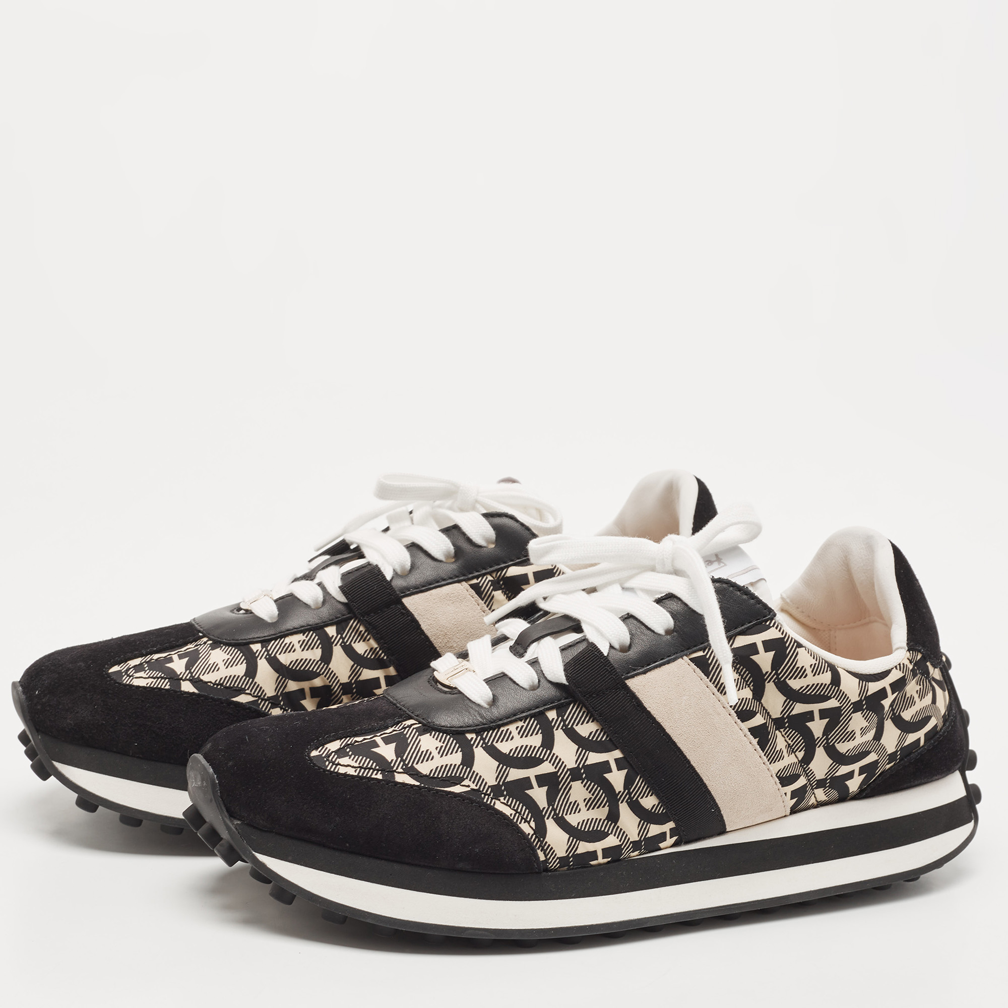 

Salvatore Ferragamo Black/Cream Suede and Nylon Gancini Printed Low Top Sneakers Size