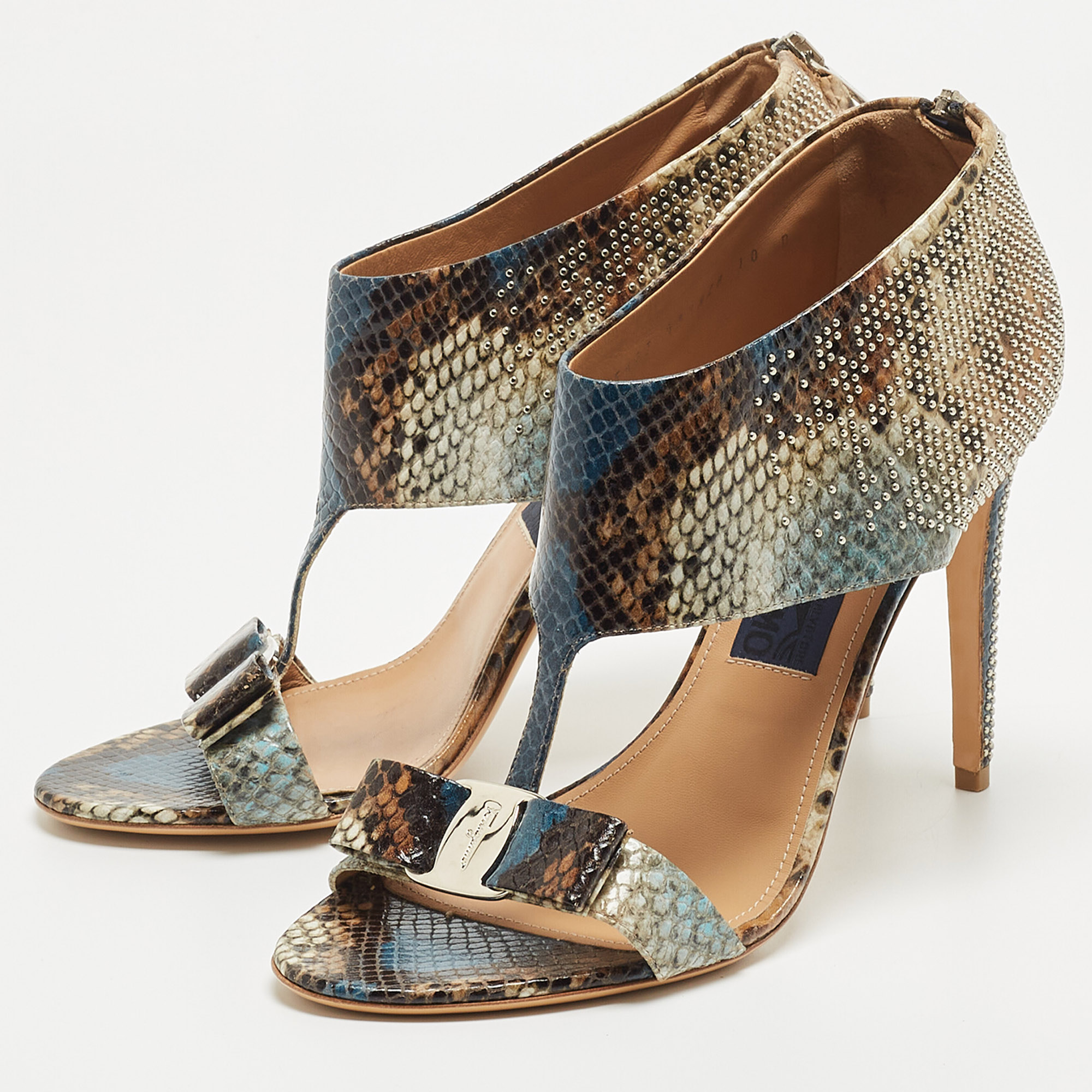 

Salvatore Ferragamo Brown/Blue Python Embossed Leather Ankle Strap Sandals Size
