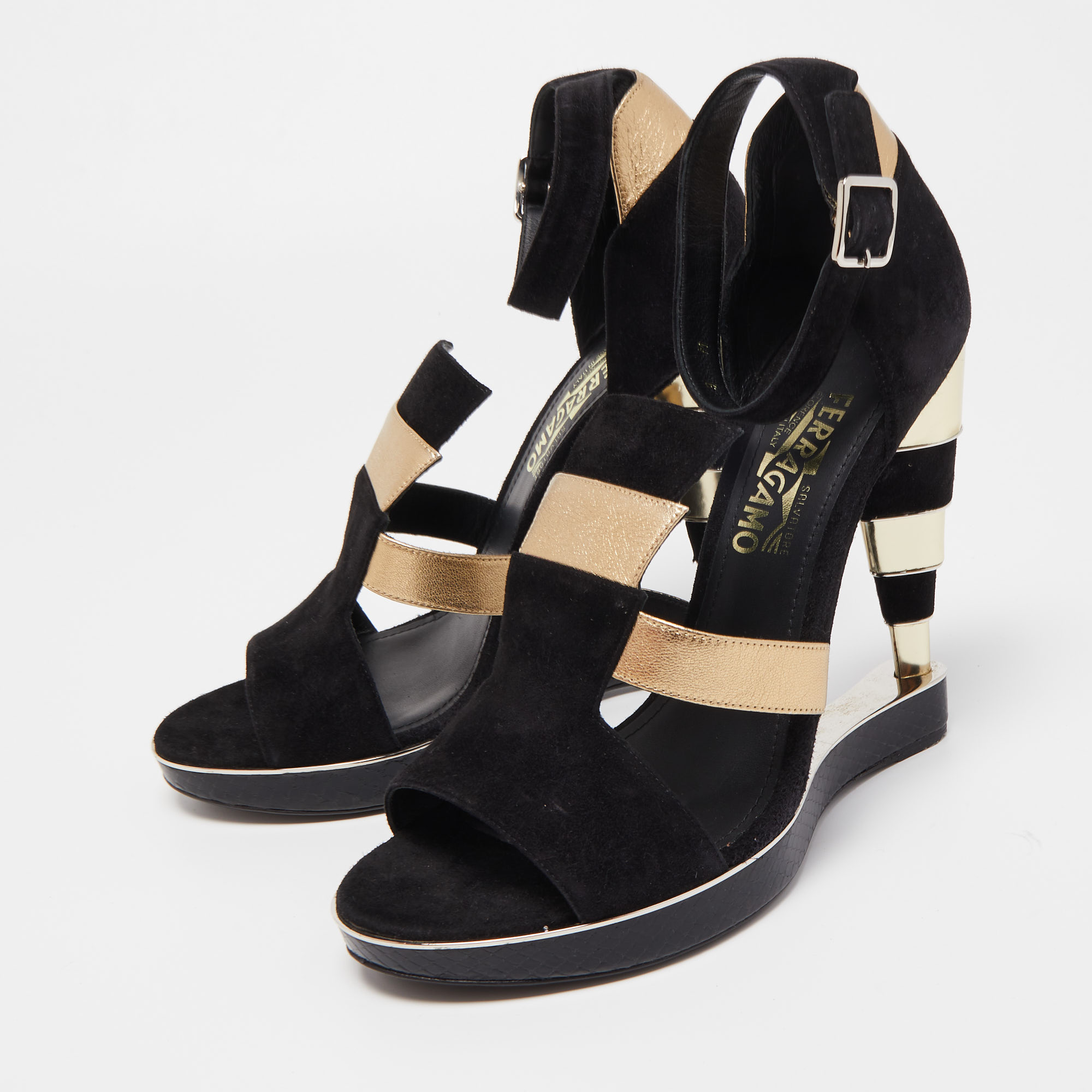 

Salvatore Ferragamo Black/Gold Suede and Leather Wedge Sandals Size