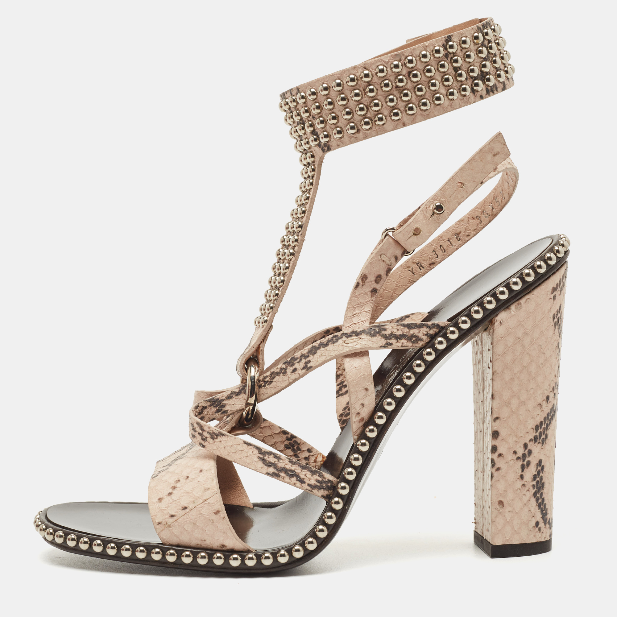 Pre-owned Ferragamo Beige Python Leather Studded Ankle Cuff Sandals Size 41