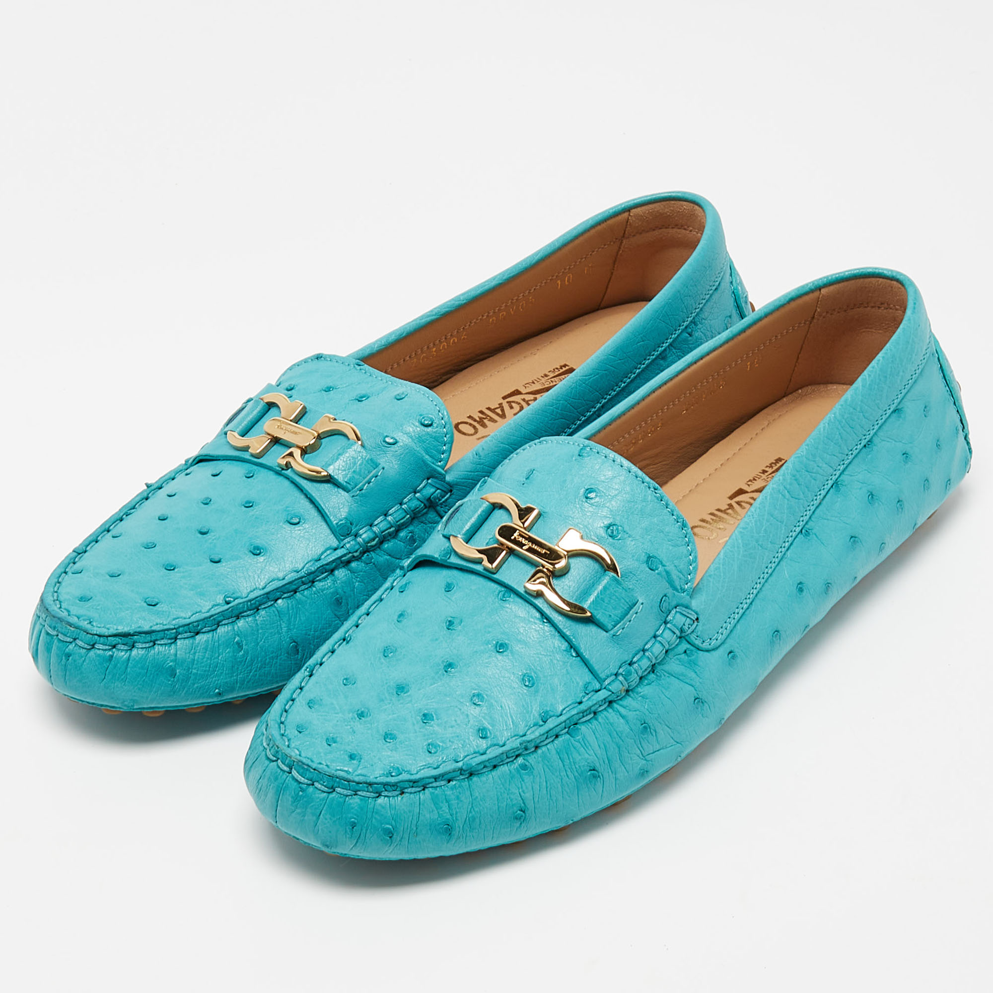 

Salvatore Ferragamo Turquoise Ostrich Leather Saba Slip On Loafers Size, Blue