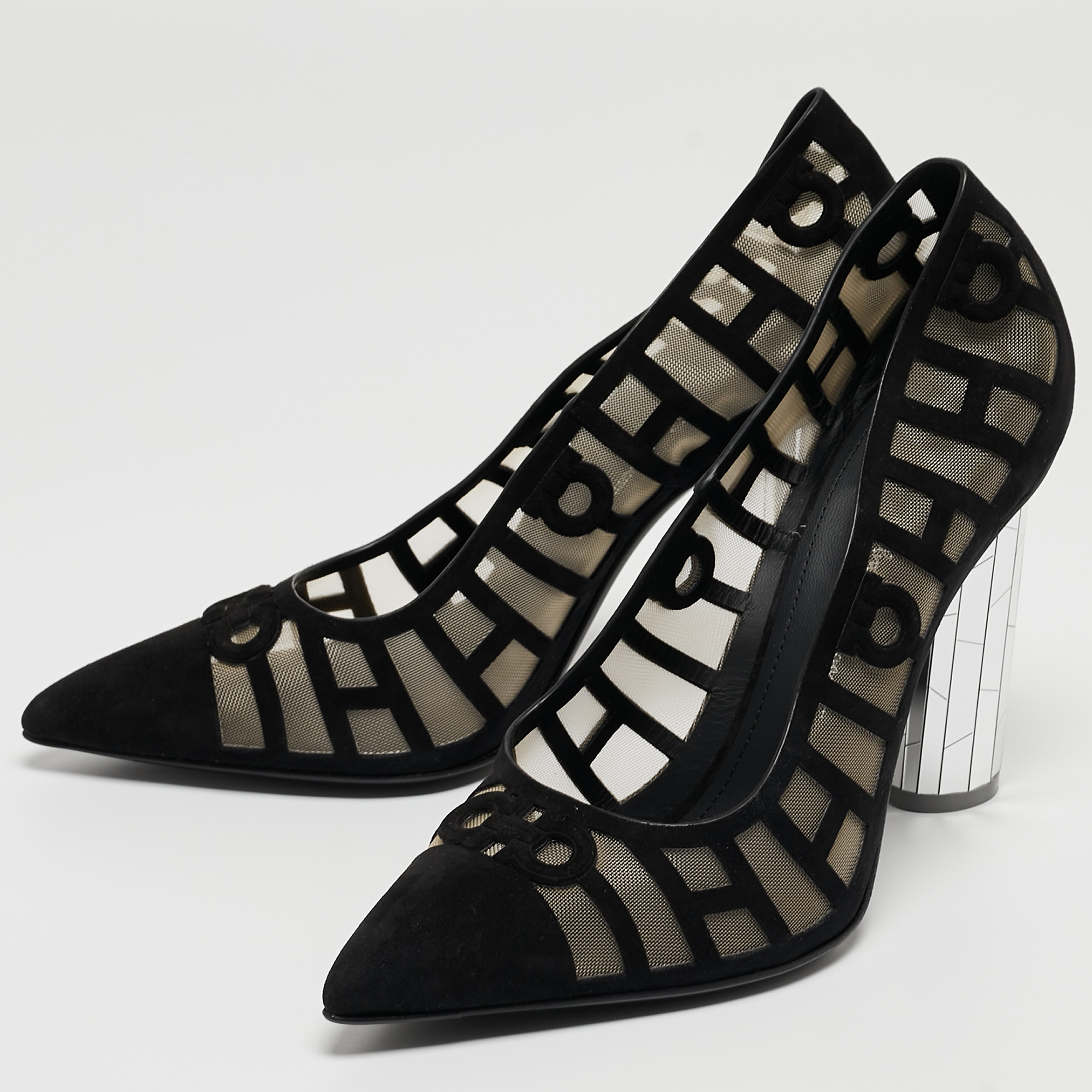 

Salvatore Ferragamo Black Suede and Mesh Florise Pumps Size