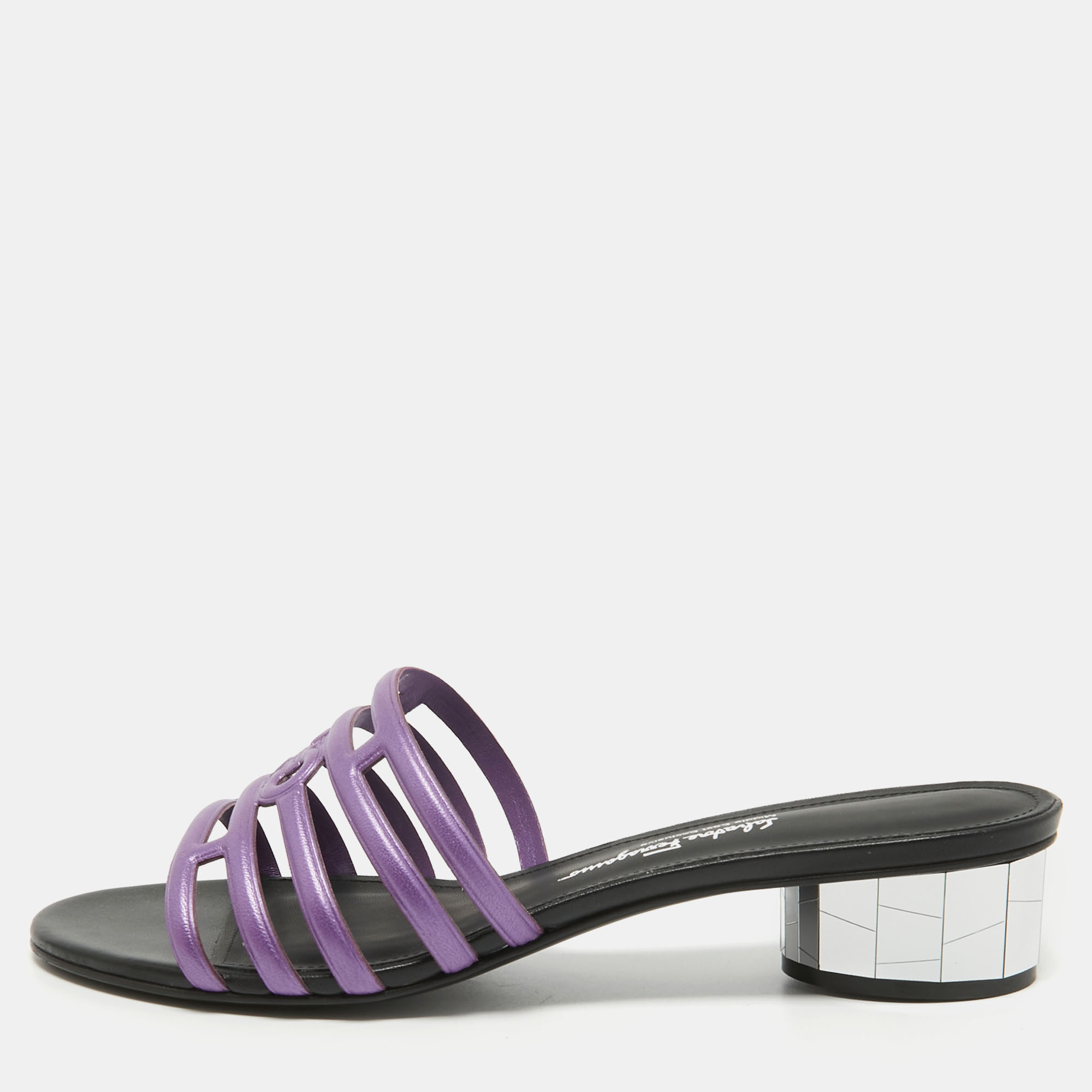 Pre-owned Ferragamo Purple Leather Finn Slide Sandals Size 38