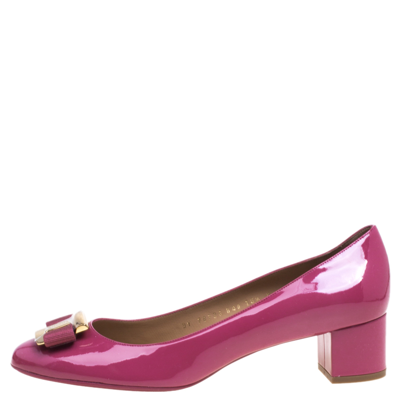 

Salvatore Ferragamo Rouge Pink Patent Leather Ninna Block Heel Pumps Size