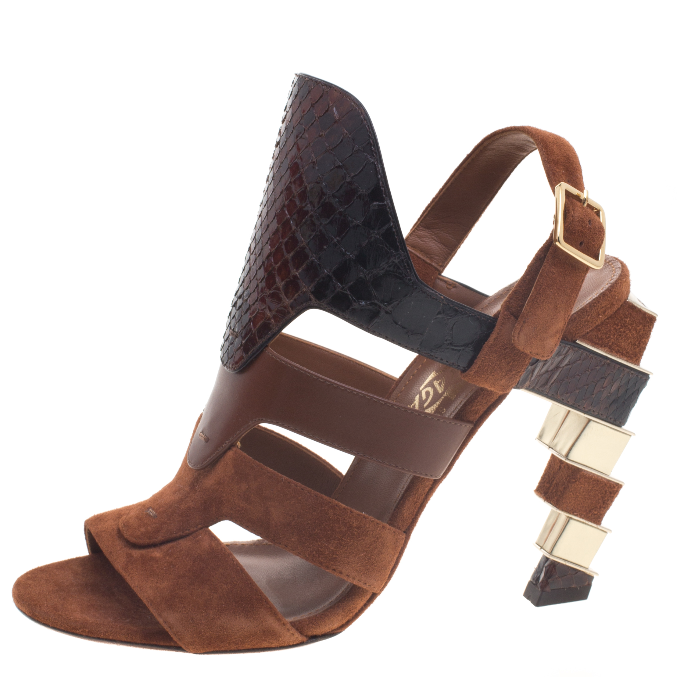 

Salvatore Ferragamo Tricolor Suede and Python Laos Strappy Sandals Size, Brown