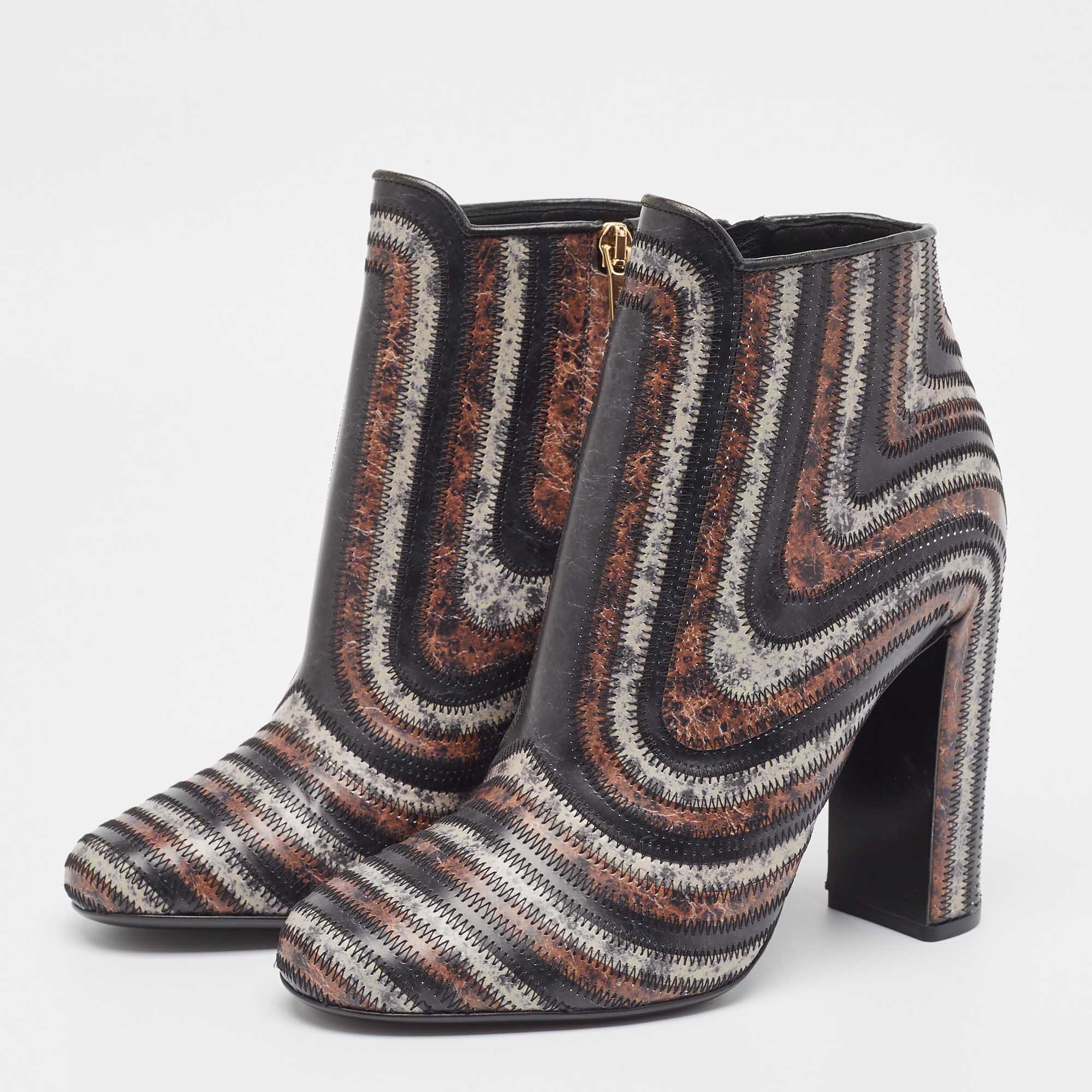 Salvatore Ferragamo Multicolor Printed Leather Feeling Ankle Boots Size 39.5 