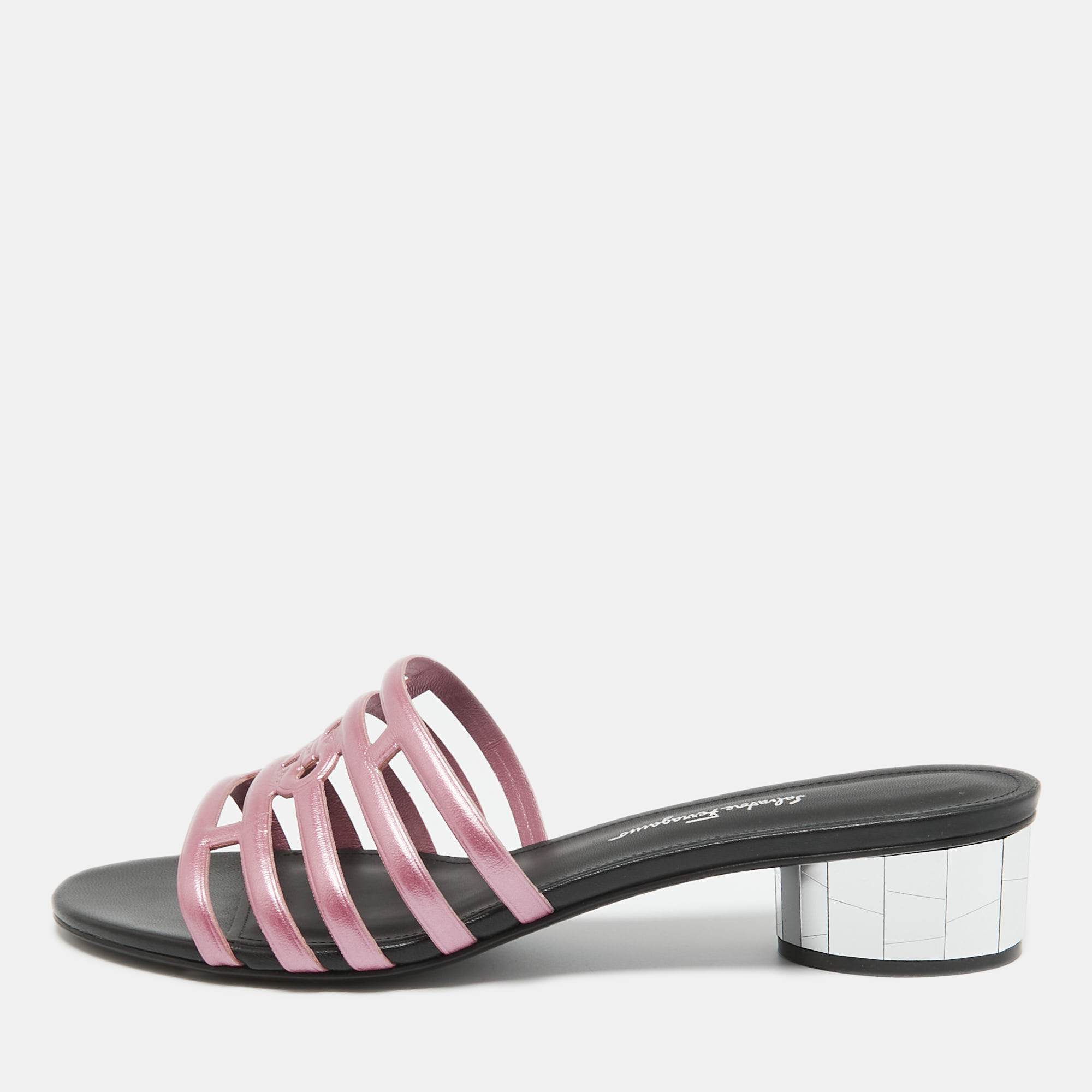 

Salvatore Ferragamo Pink/Black Leather Finn Slide Sandals Size