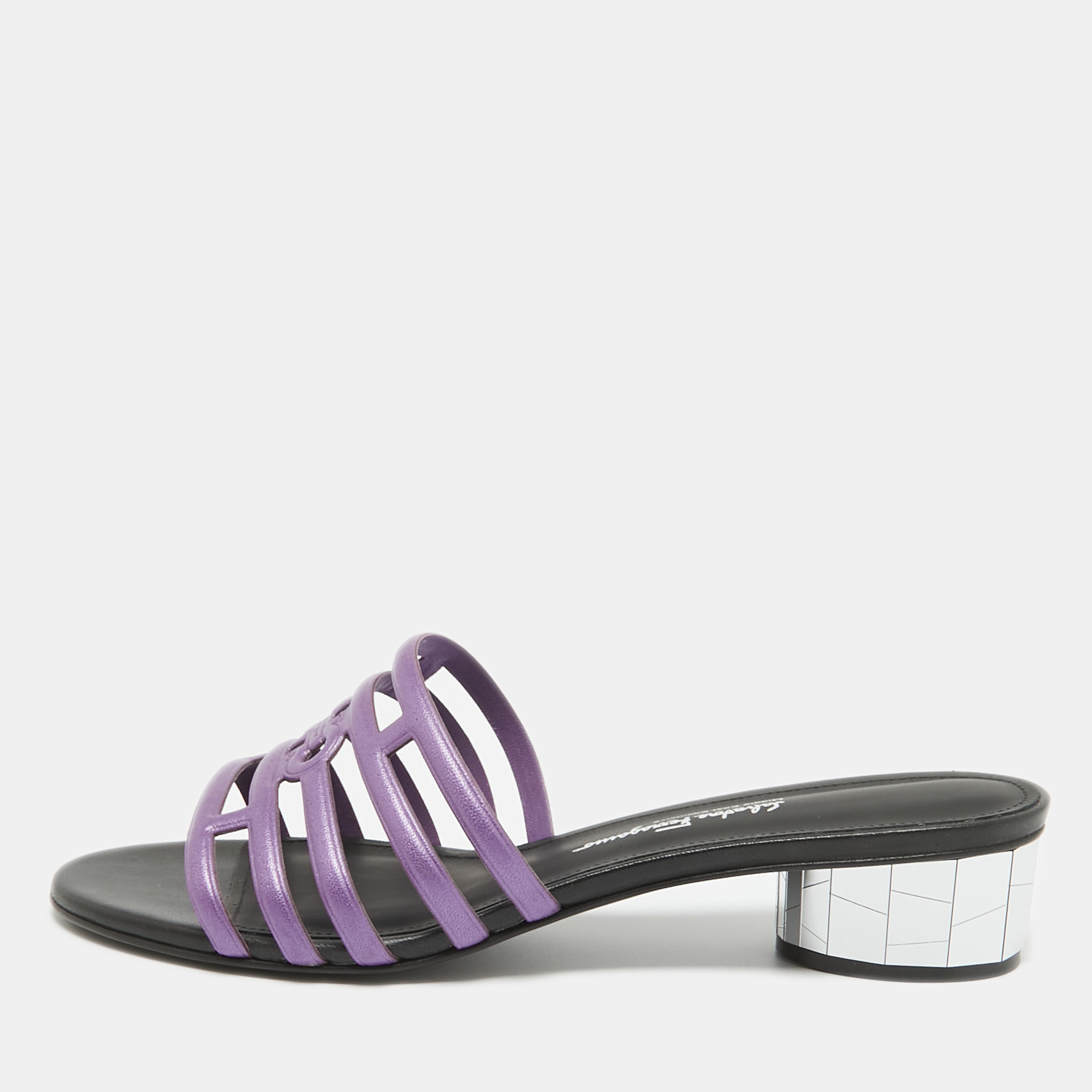 

Salvatore Ferragamo Purple/Black Leather Finn Slide Sandals Size