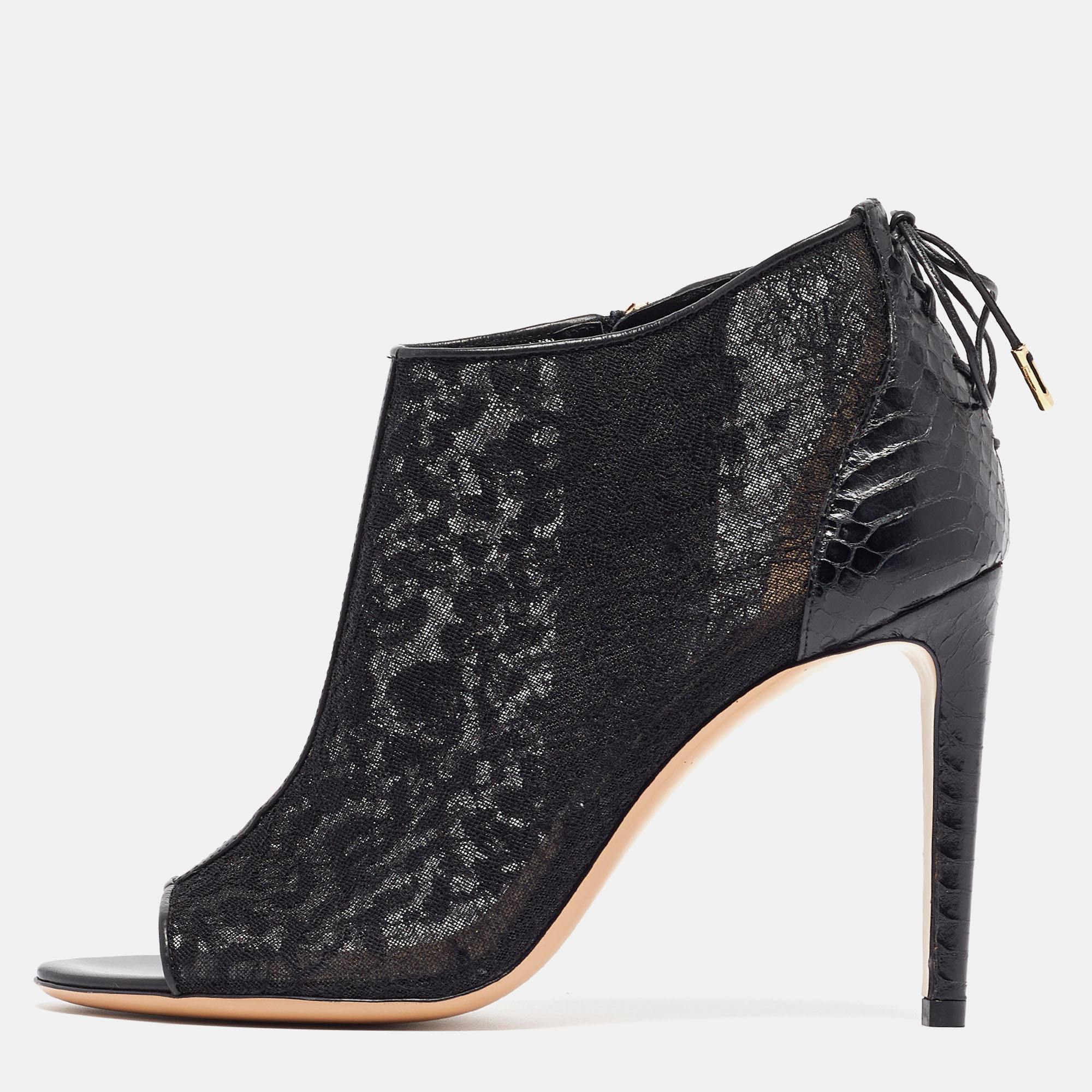 

Salvatore Ferragamo Black Python Leather and Lace Nufus Open Toe Ankle Booties Size 36.5