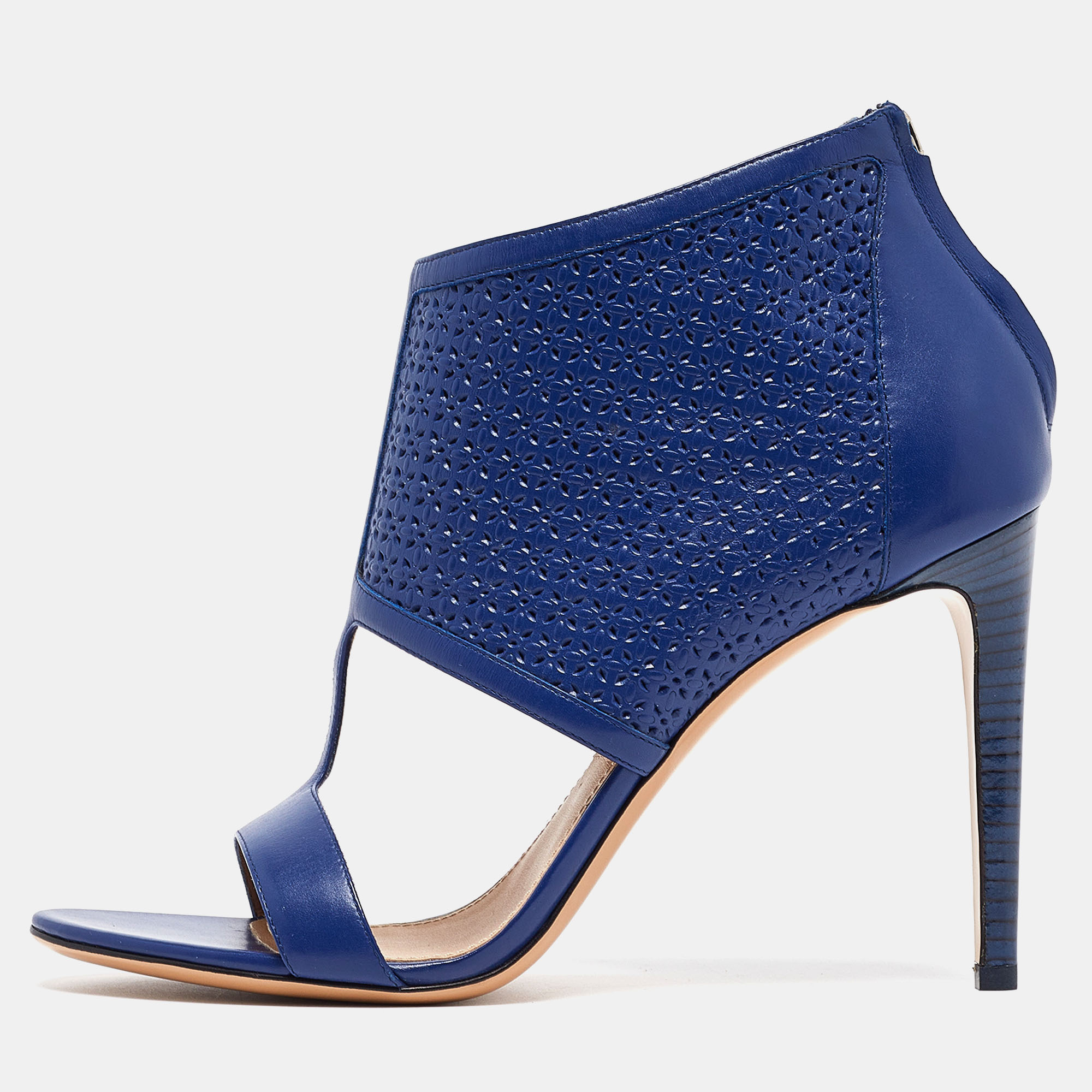 

Salvatore Ferragamo Blue Perforated Leather Pacella Open-Toe Booties Size
