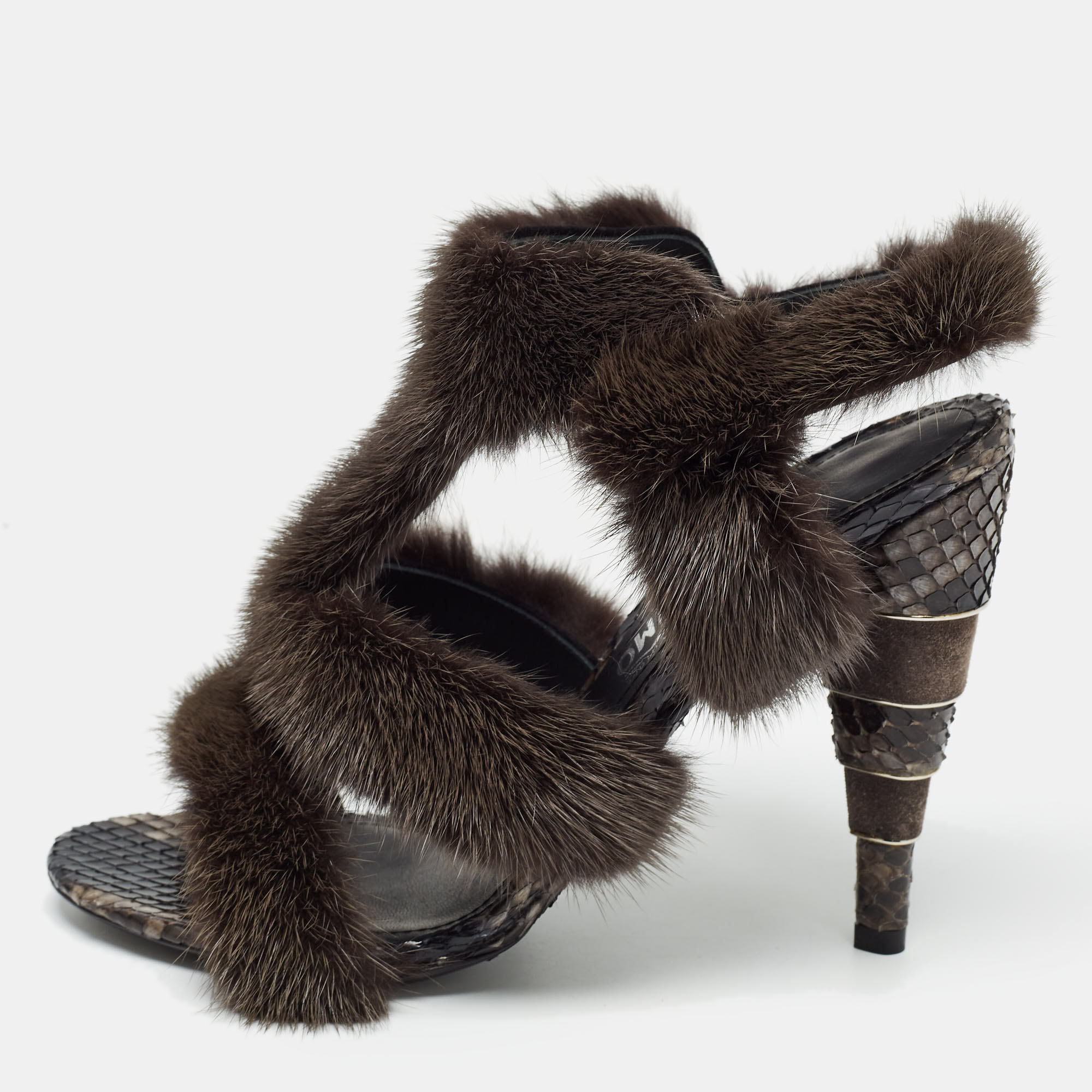 Pre-owned Ferragamo Brown Mink Fur And Python Leather Larix Sandals Size 38.5