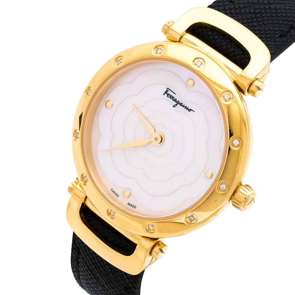 

Salvatore Ferragamo Pink Mother Of Pearl Gold Plated Stainless Steel Leather Diamond Style SFDM Women's Wristwatch, Black