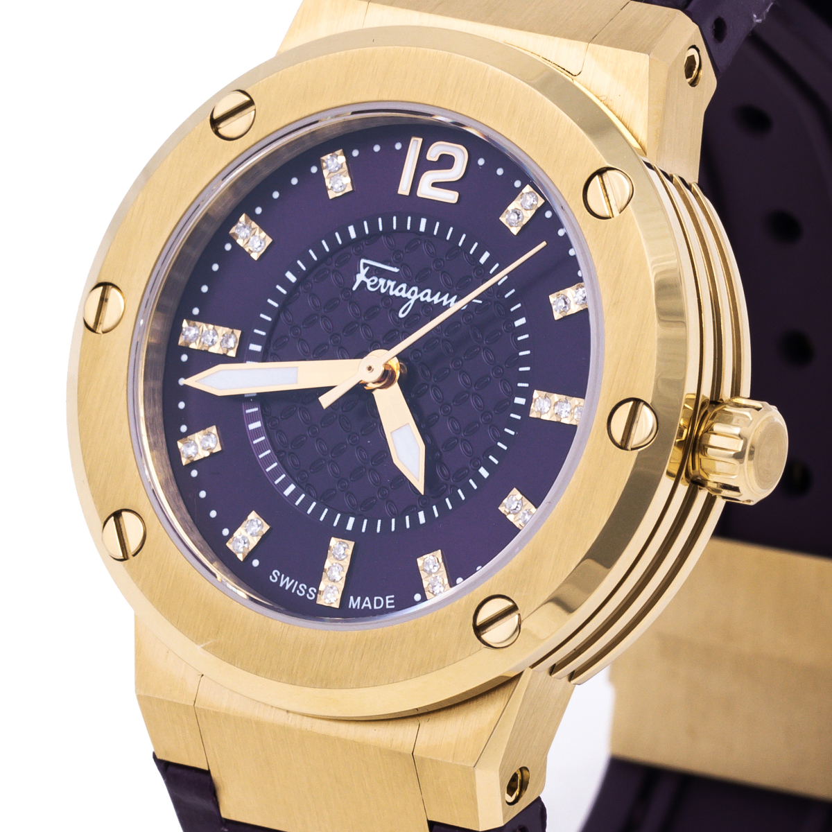

Salvatore Ferragamo Purple Gold Plated Stainless Steel Diamonds F-80 FIG160016 Women's Wristwatch