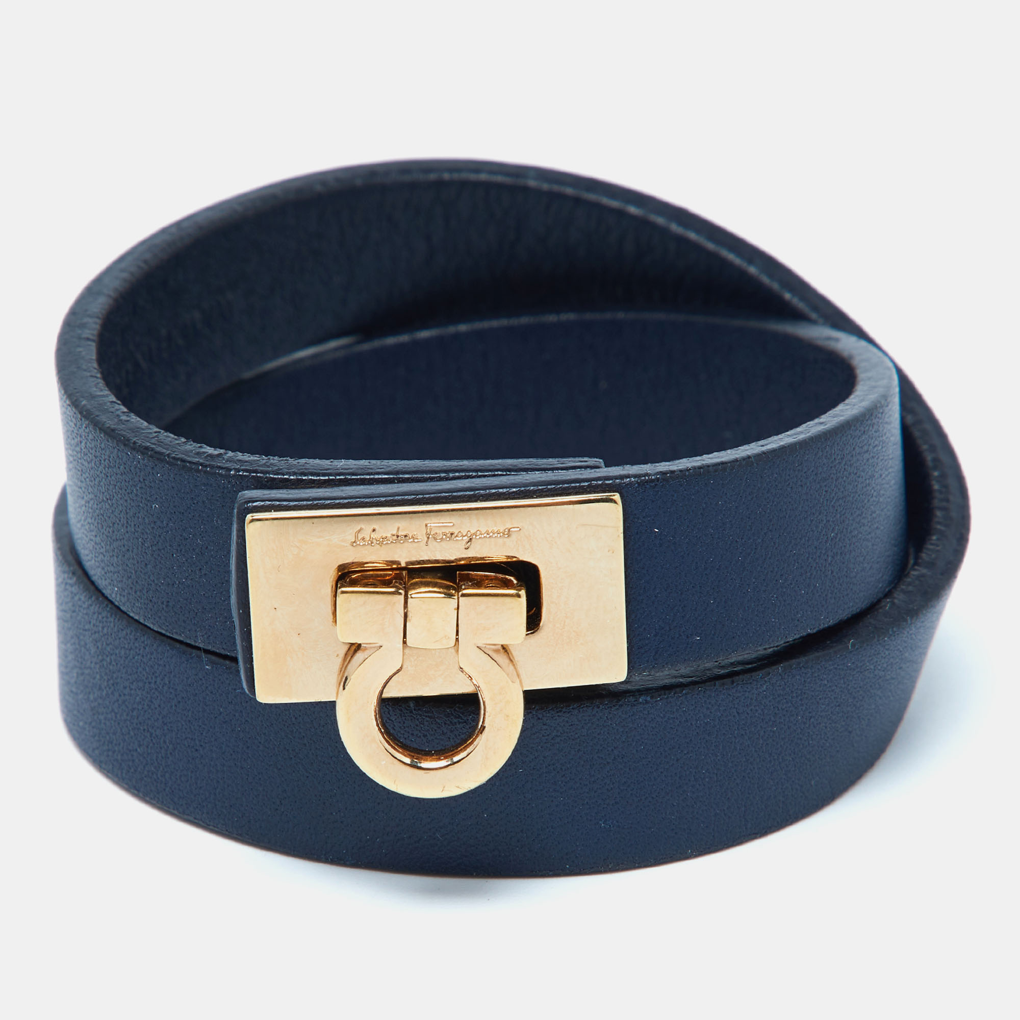 

Salvatore Ferragamo Gancini Navy Blue Leather Double Wrap Bracelet