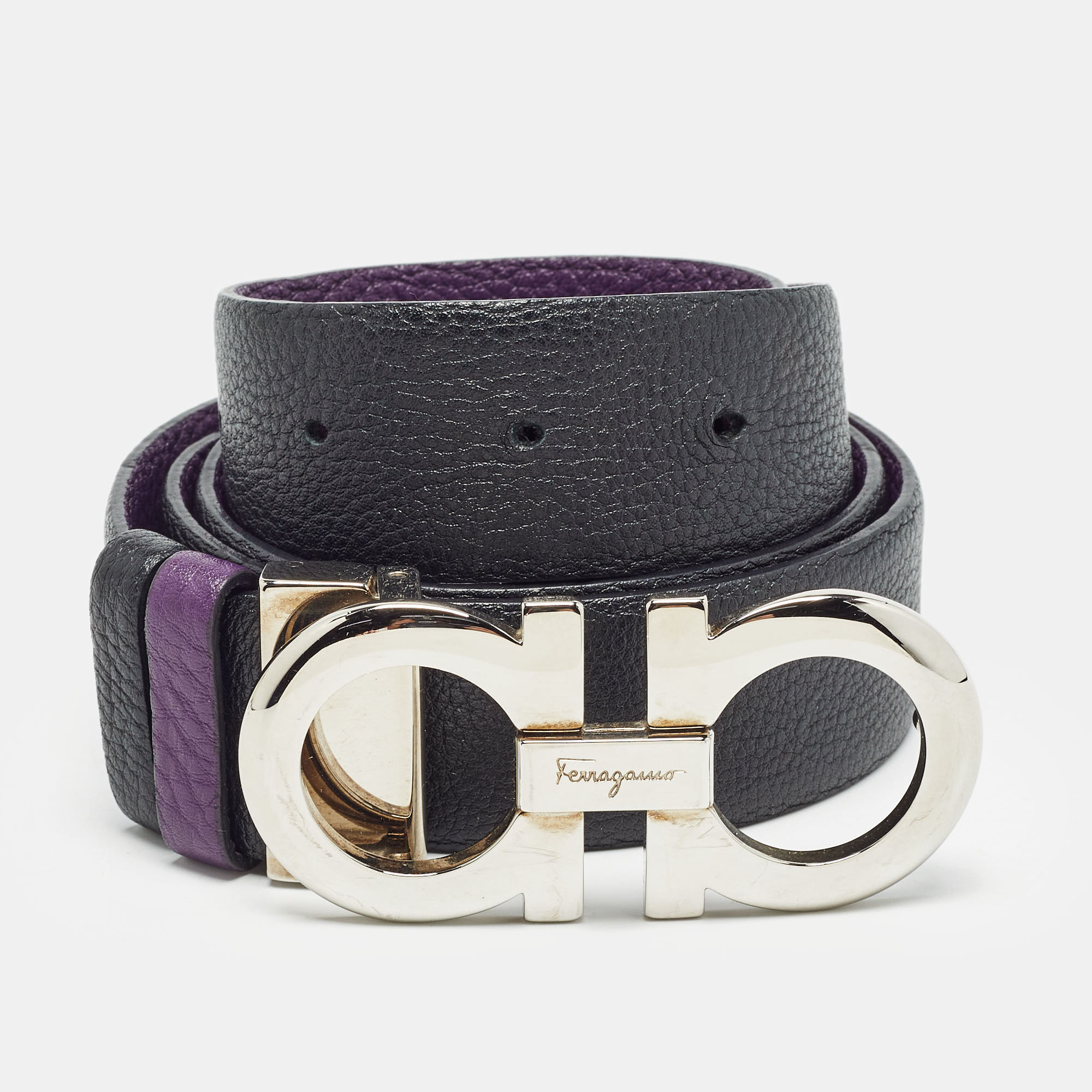 

Salvatore Ferragamo Black/Purple Leather Gancini Buckle Reversible Cut to Size Belt