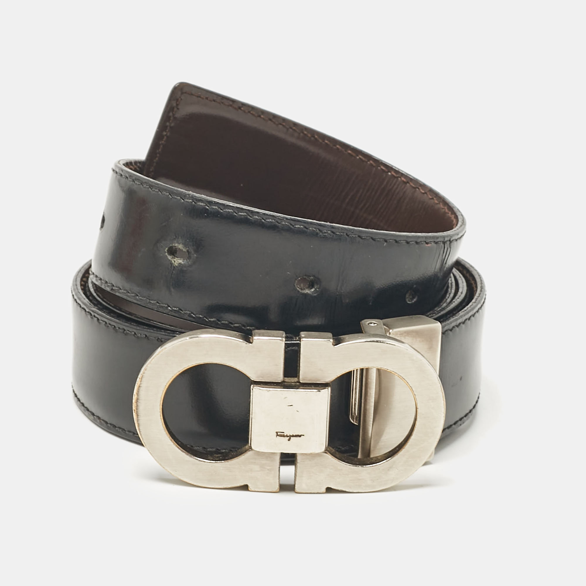 

Salvatore Ferragamo Black/Brown Leather Gancini Buckle Reversible Cut to Size Belt