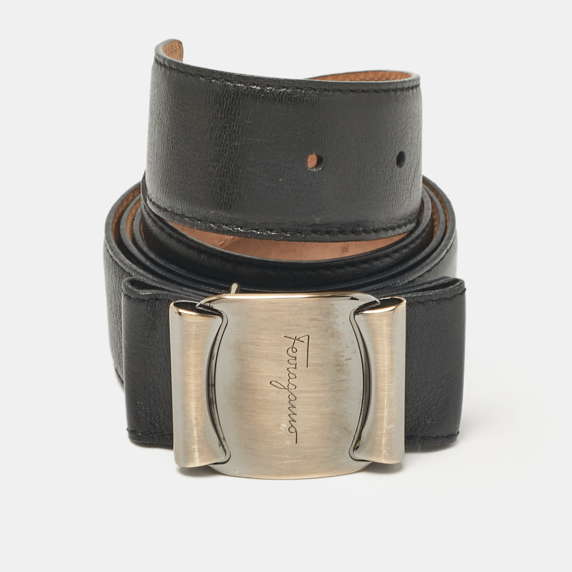 Pre-owned Ferragamo Black Leather Metal Bow Belt 90cm