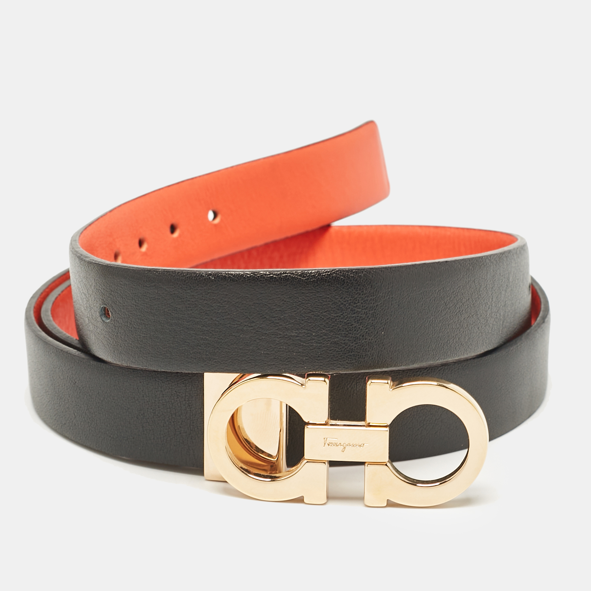 

Salvatore Ferragamo Orange/Black Leather Gancini Buckle Reversible Cut to Size Belt