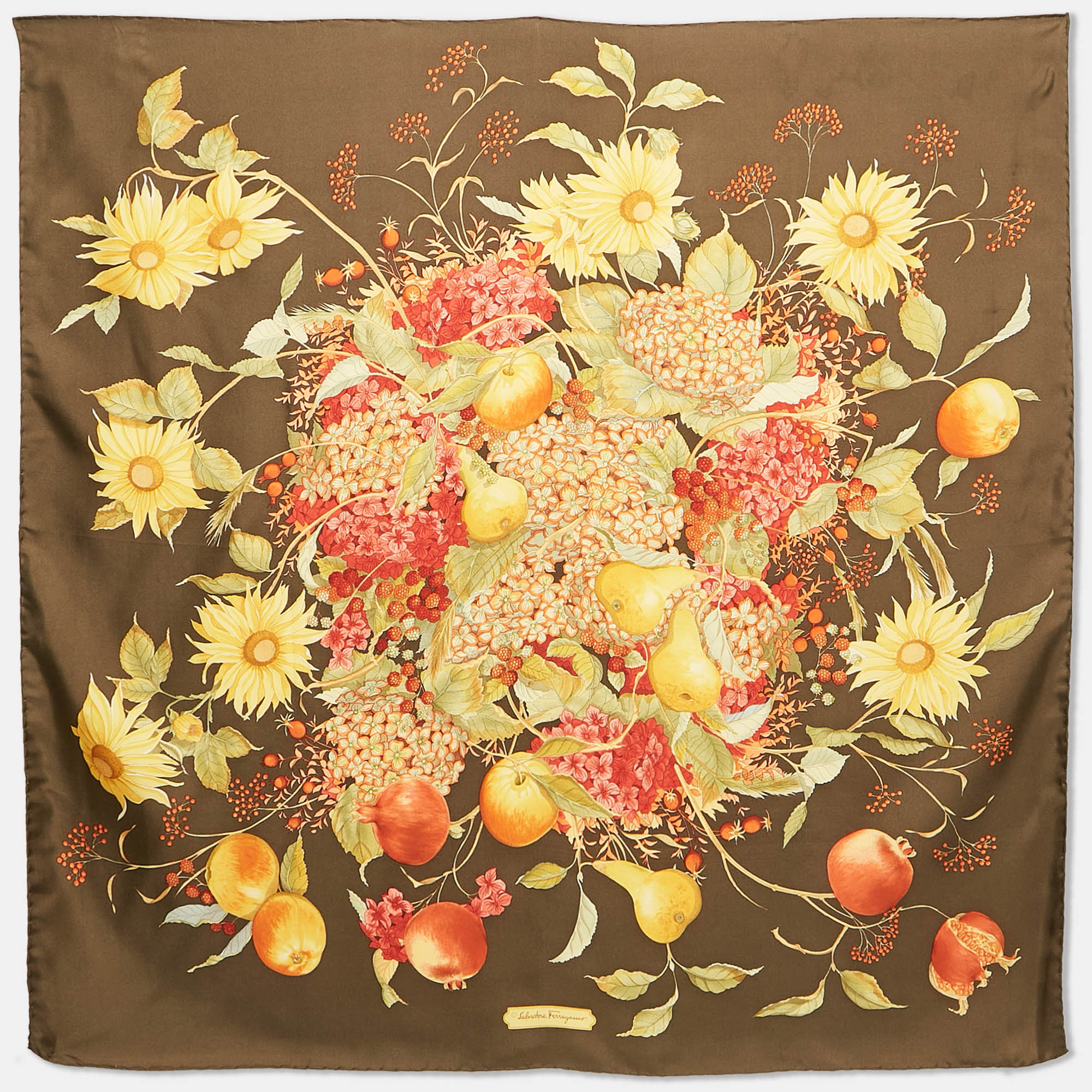 

Salvatore Ferragamo Green Floral and Fruit Print Silk Scarf