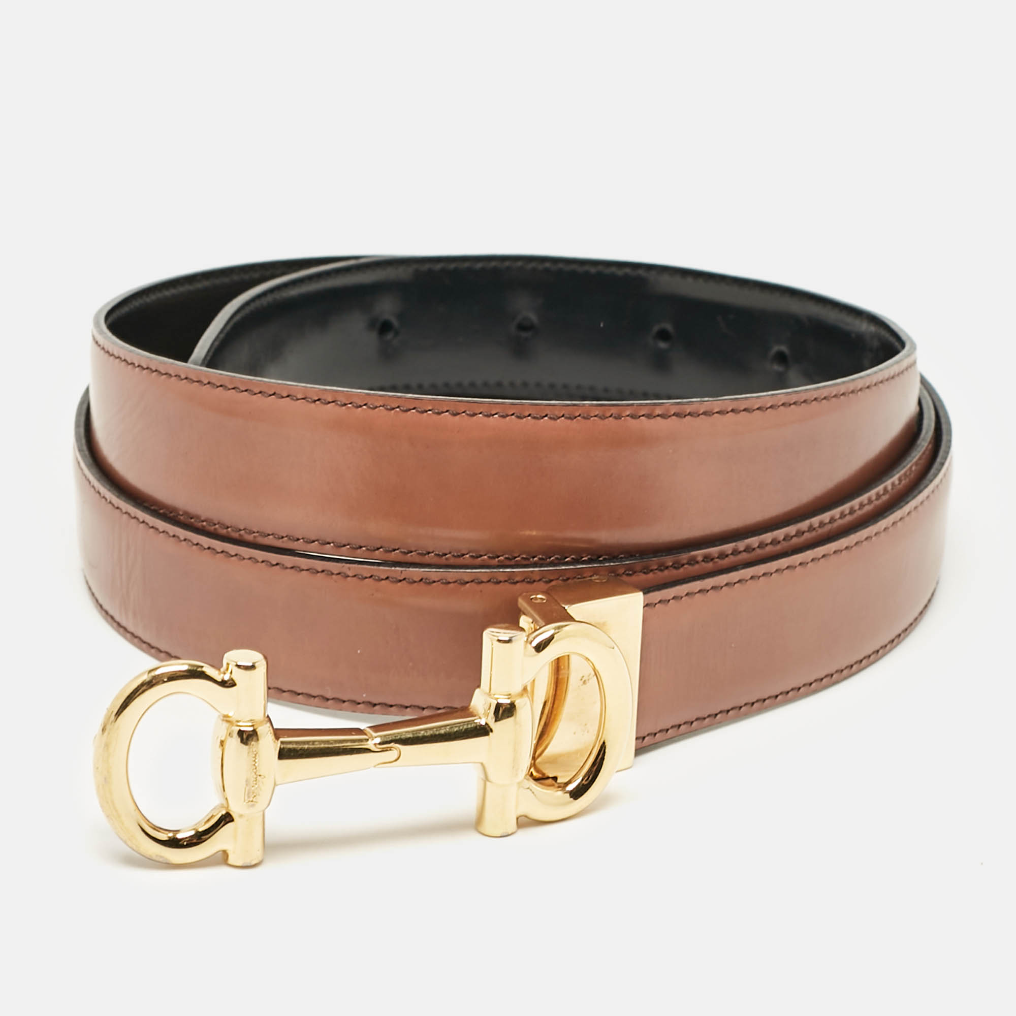 

Salvatore Ferragamo Black/Brown Glossy Leather Double Gancini Reversible Cut to Size Belt