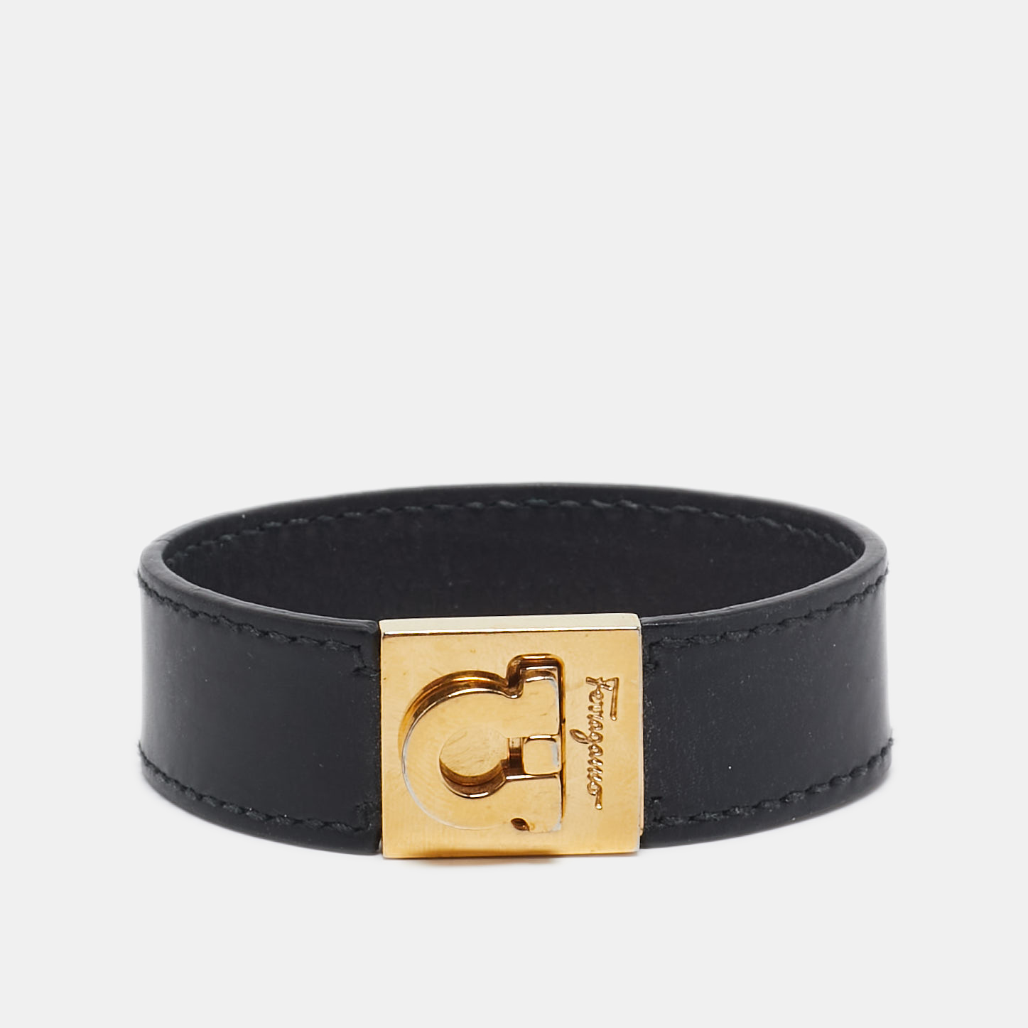 

Salvatore Ferragamo Gancini Black Leather Gold Tone Bracelet