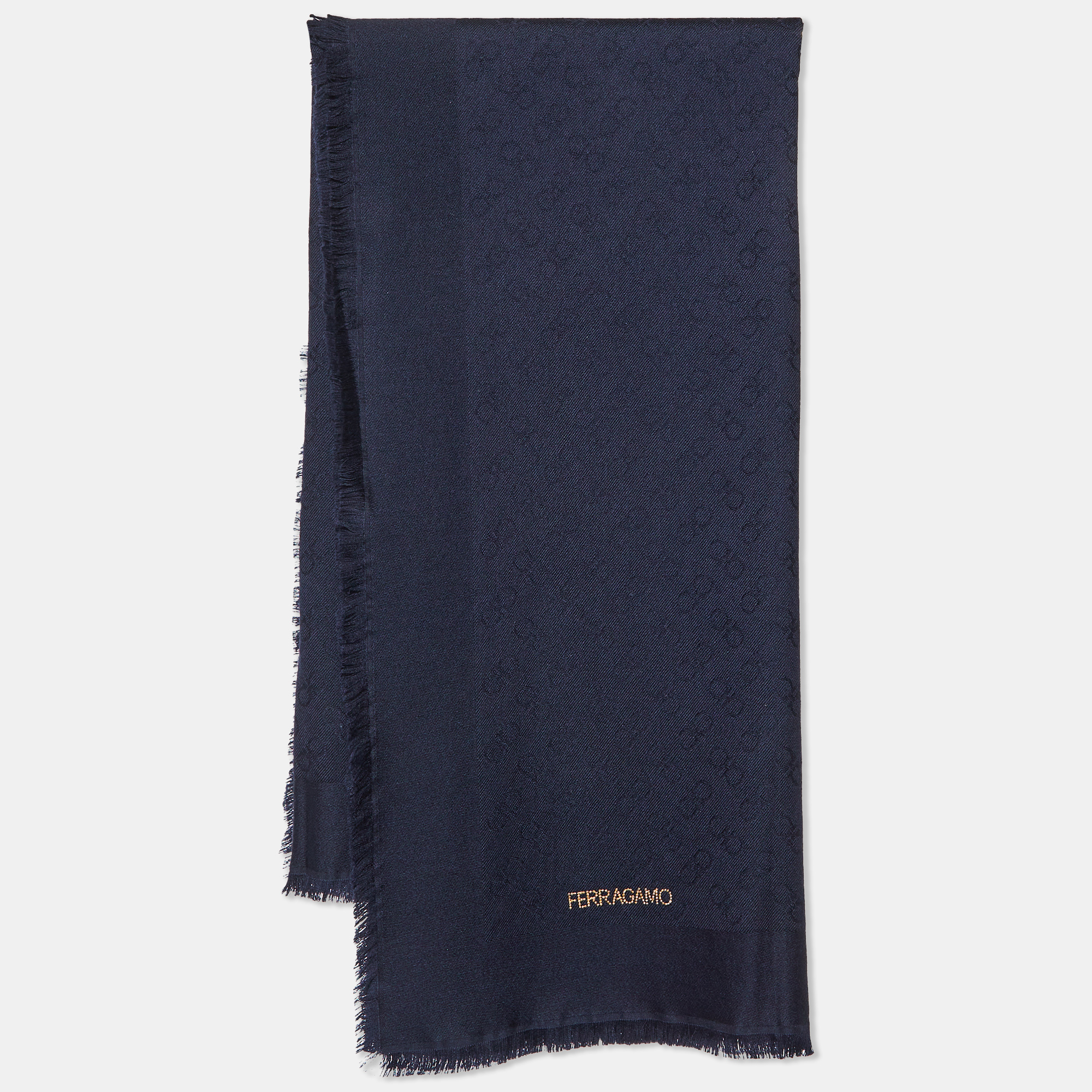 

Salvatore Ferragamo Gancini Navy Blue Wool Silk Scarf