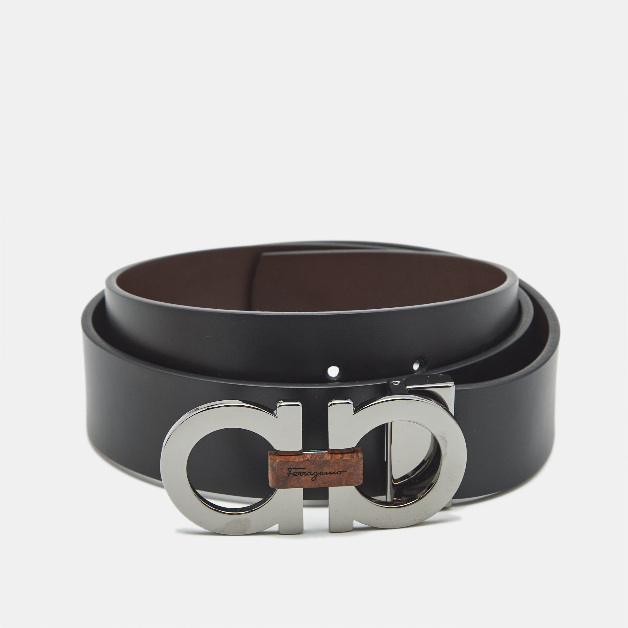 

Salvatore Ferragamo Black/Brown Leather Gancini Buckle Cut to Size Belt