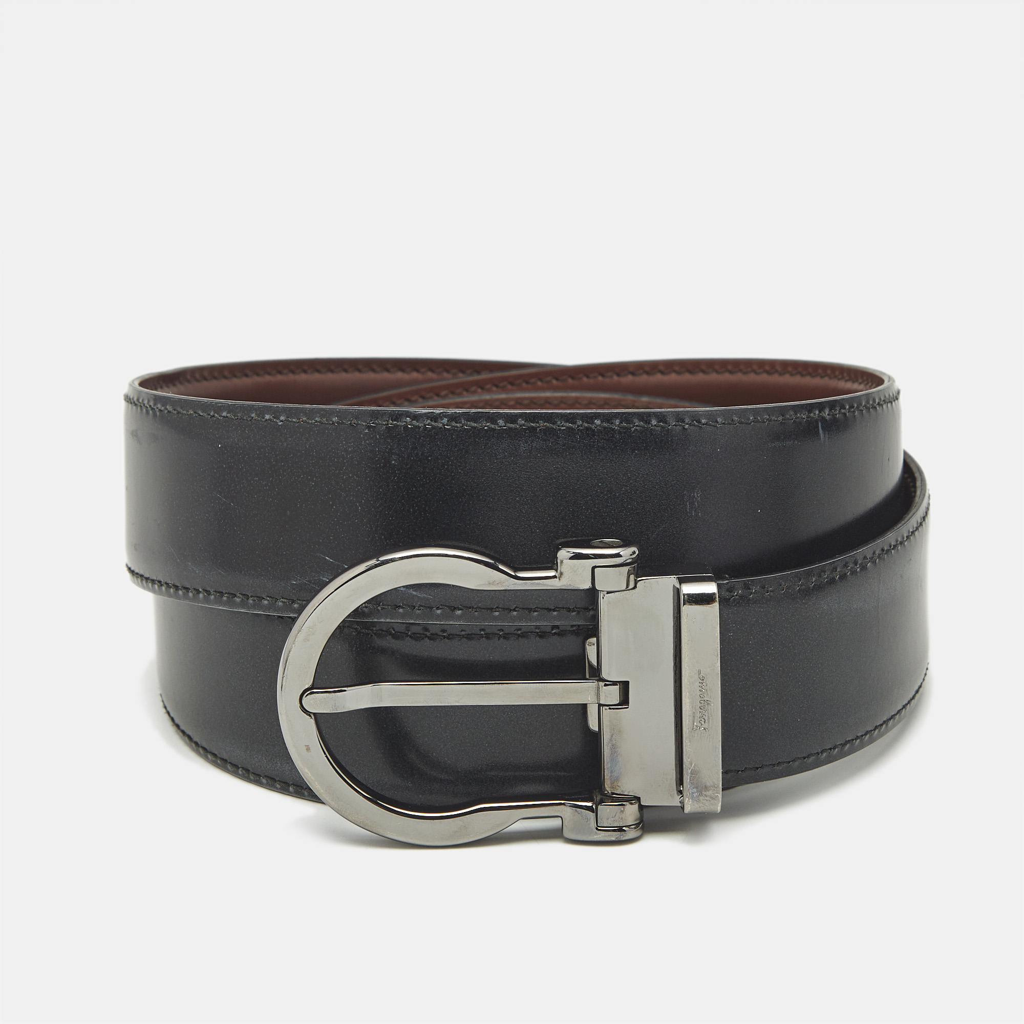 

Salvatore Ferragamo Grey/Brown Leather Gancini Buckle Reversible Belt