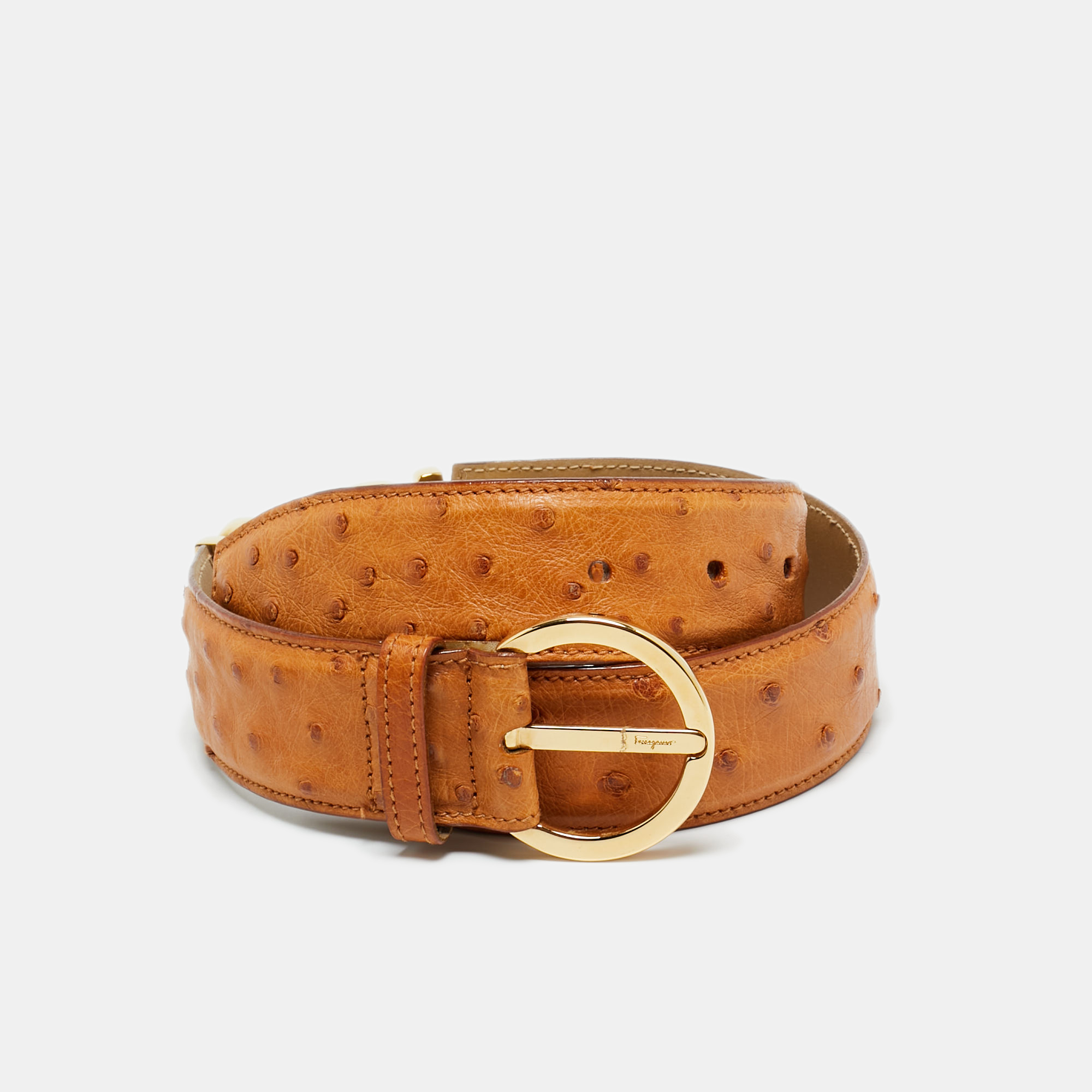 Pre-owned Ferragamo Brown Ostrich Leather Gancini Buckle Belt 75cm