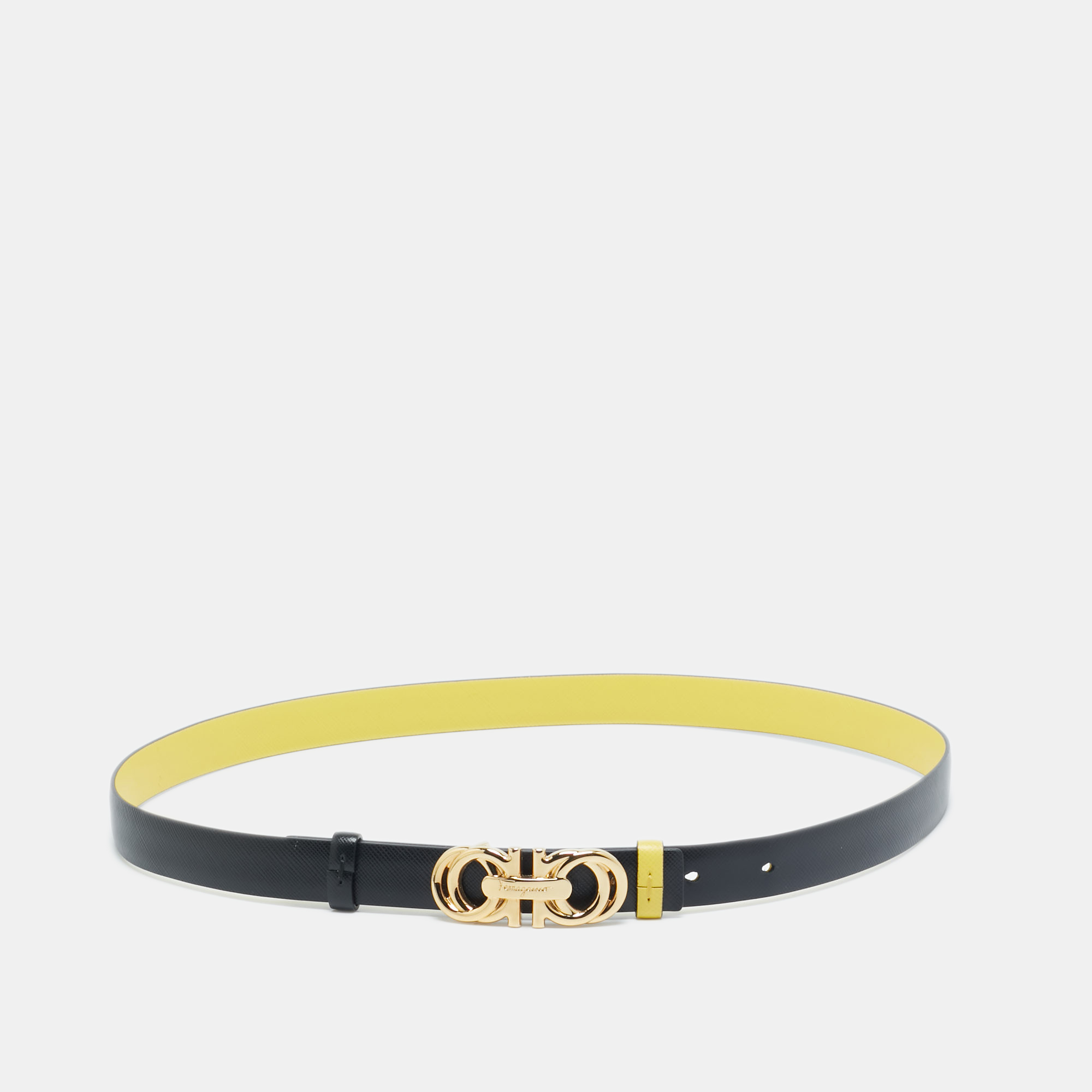 

Salvatore Ferragamo Yellow/Black Leather Double Gancini Reversible Slim Belt