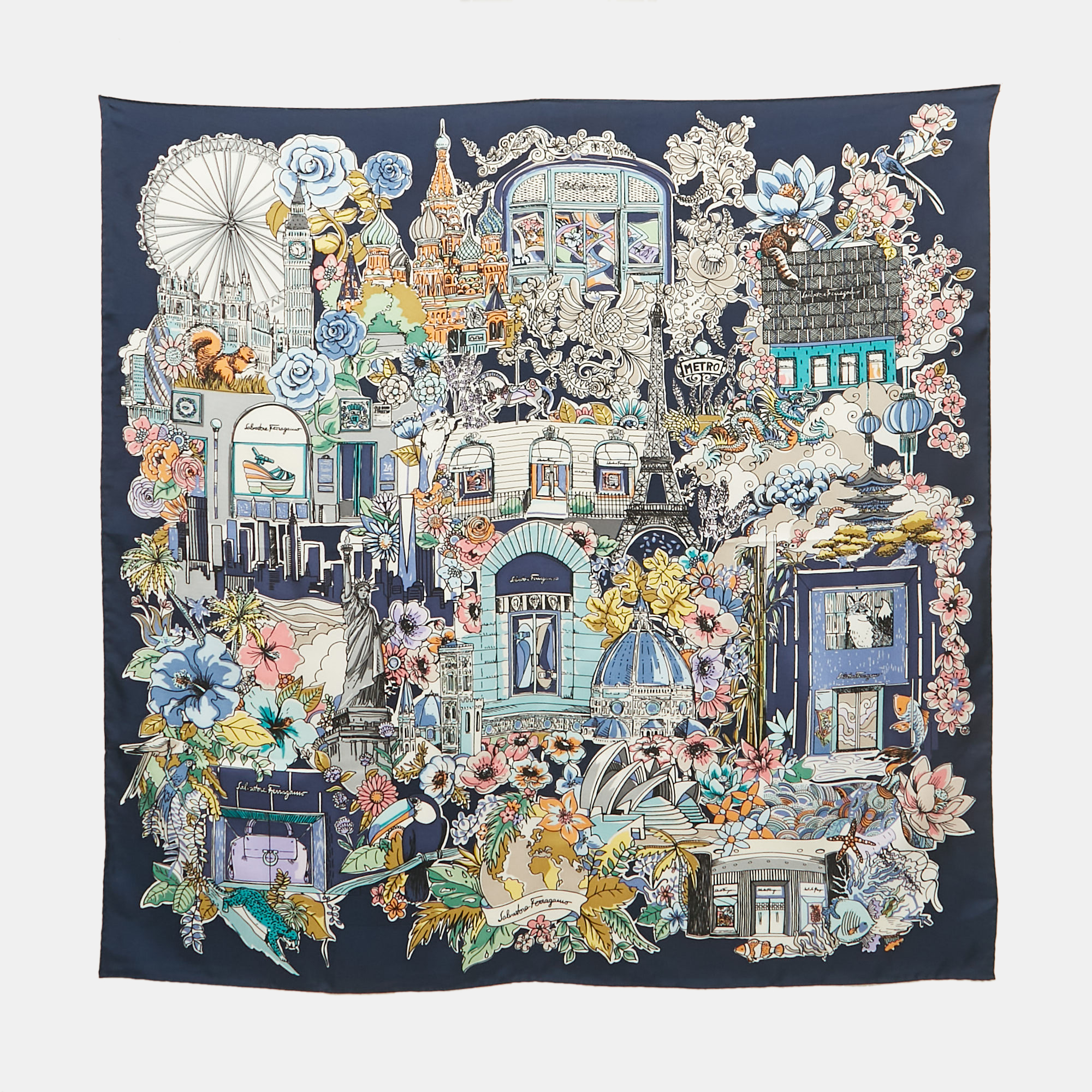 

Salvatore Ferragamo Navy Blue Paris City Print Silk Scarf