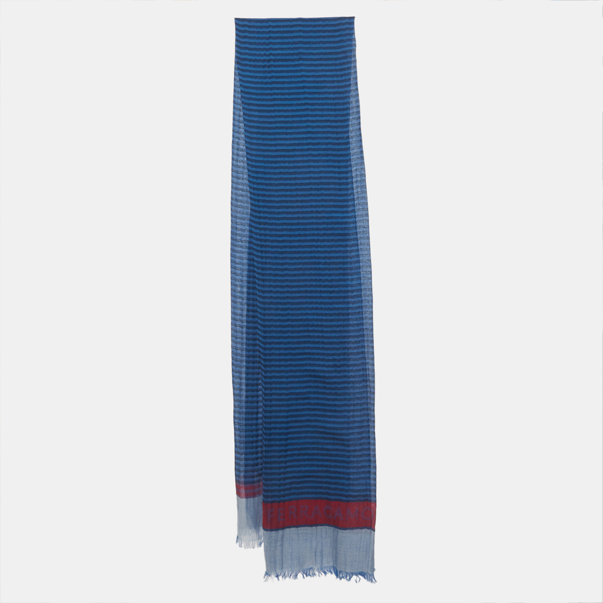 

Salvatore Ferragamo Blue Striped Printed Cotton Fringed Scarf