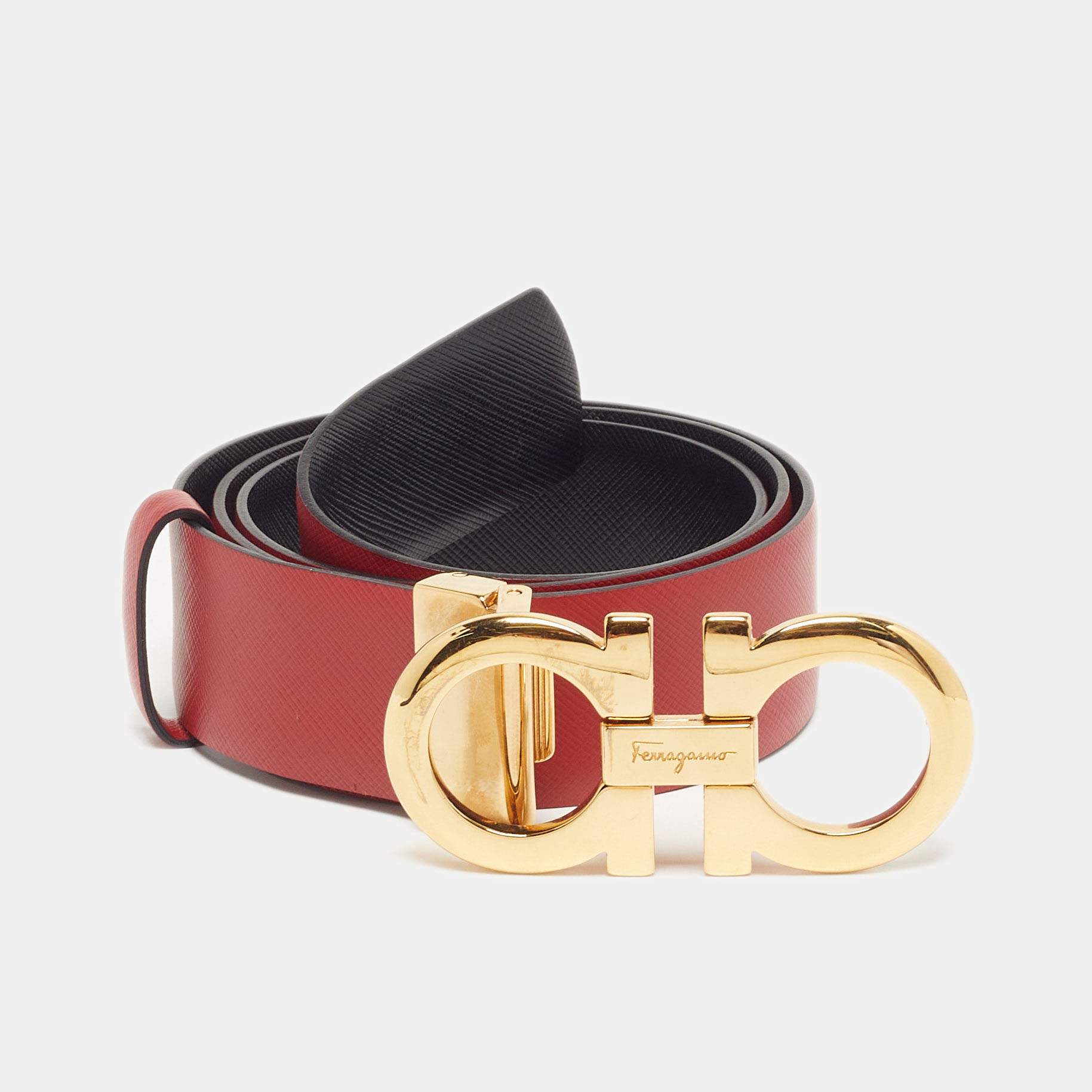 

Salvatore Ferragamo Gancini Cut to Size Reversible Buckle Belt Red/Black Leather