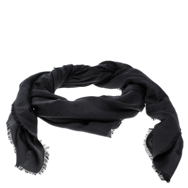 Pre Owned Salvatore Ferragamo Black Logo Pattern Jacquard Silk and Wool Shawl